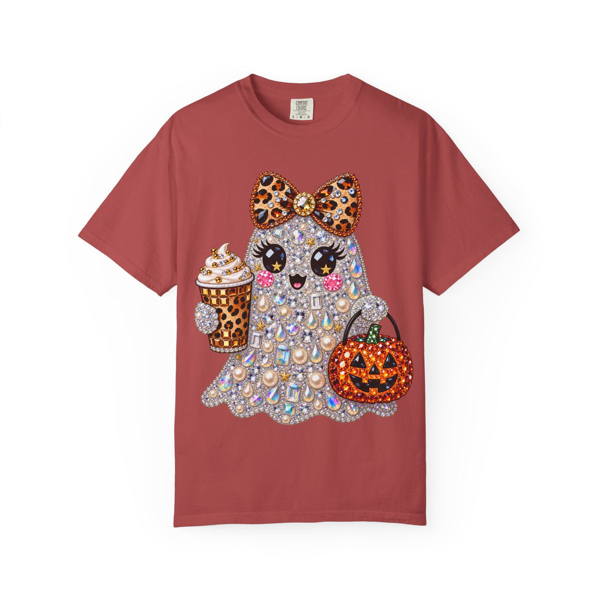 Halloween Sparkle Ghost T-Shirt — Cute Gemstone Ghost with Pumpkin & Coffee