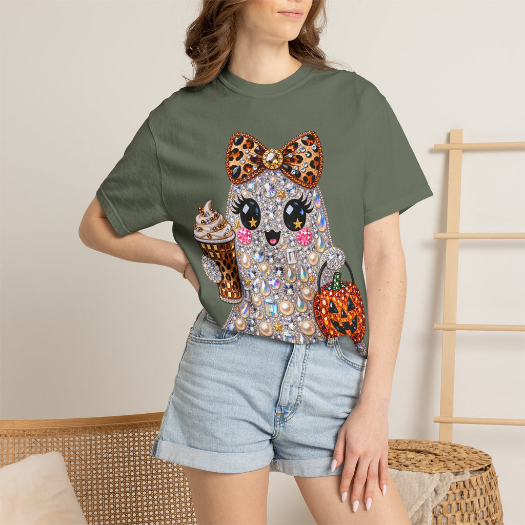 Halloween Sparkle Ghost T-Shirt — Cute Gemstone Ghost with Pumpkin & Coffee
