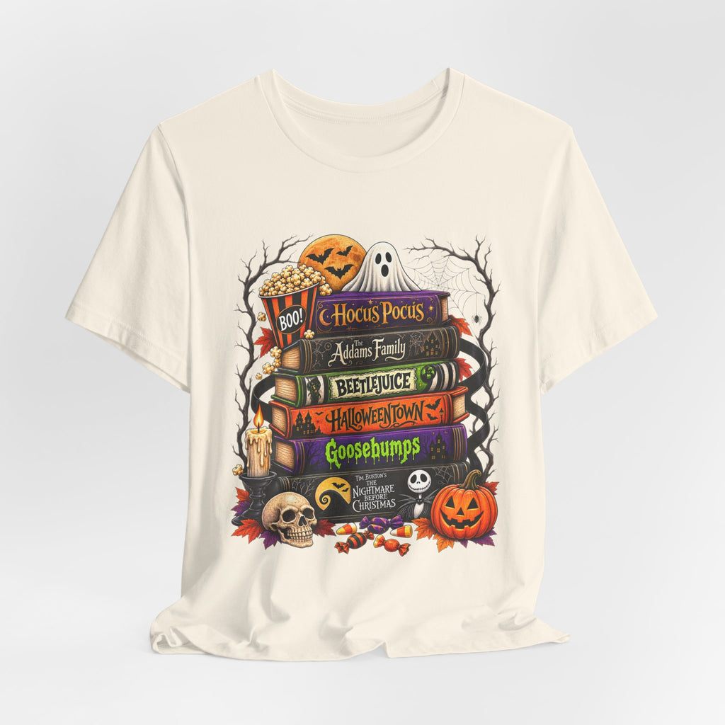 Halloween Horror Book Stack Tee — Hocus Pocus, Beetlejuice, Goosebumps Graphic T-Shirt