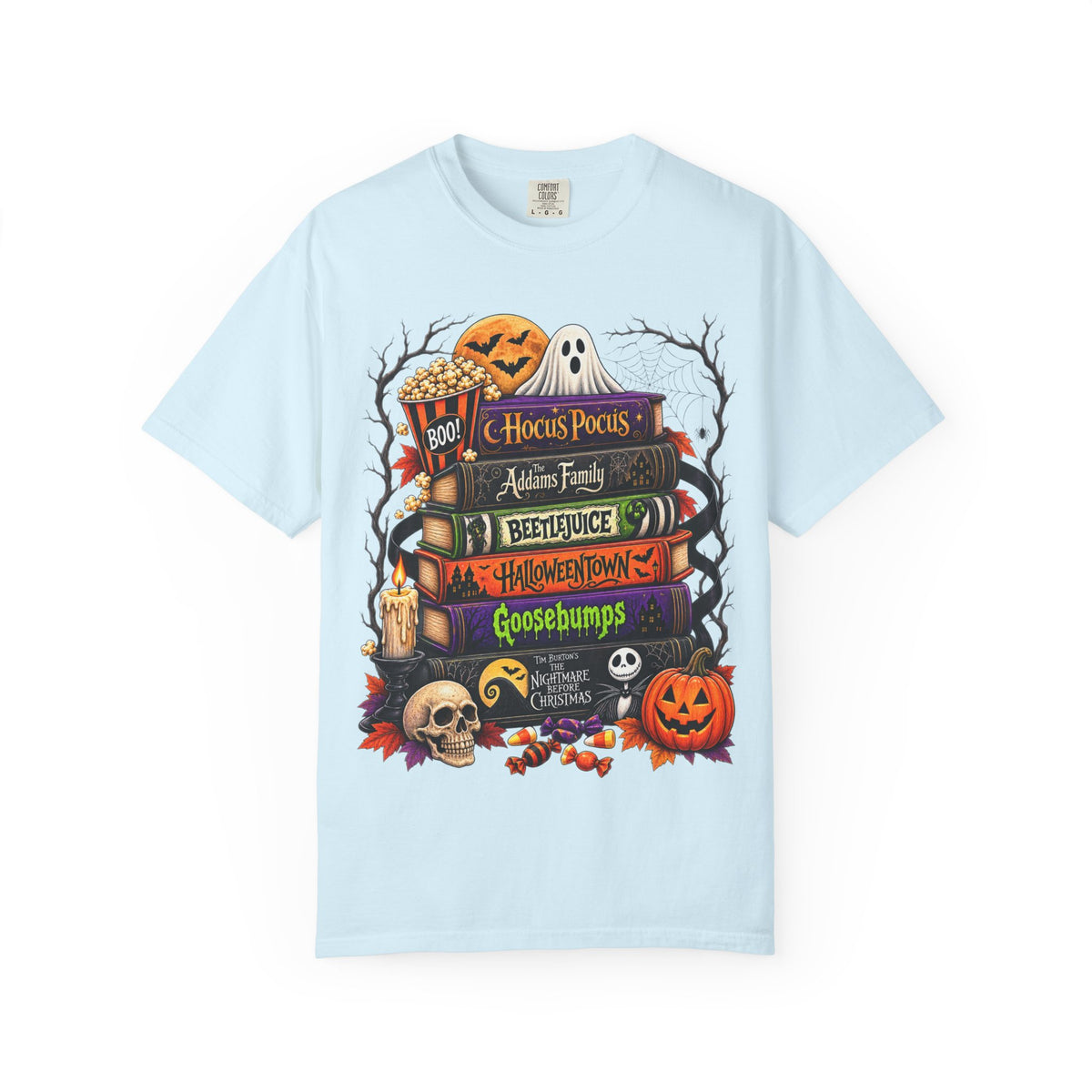 Halloween Horror Book Stack T-Shirt — Hocus Pocus, Beetlejuice, Goosebumps Design