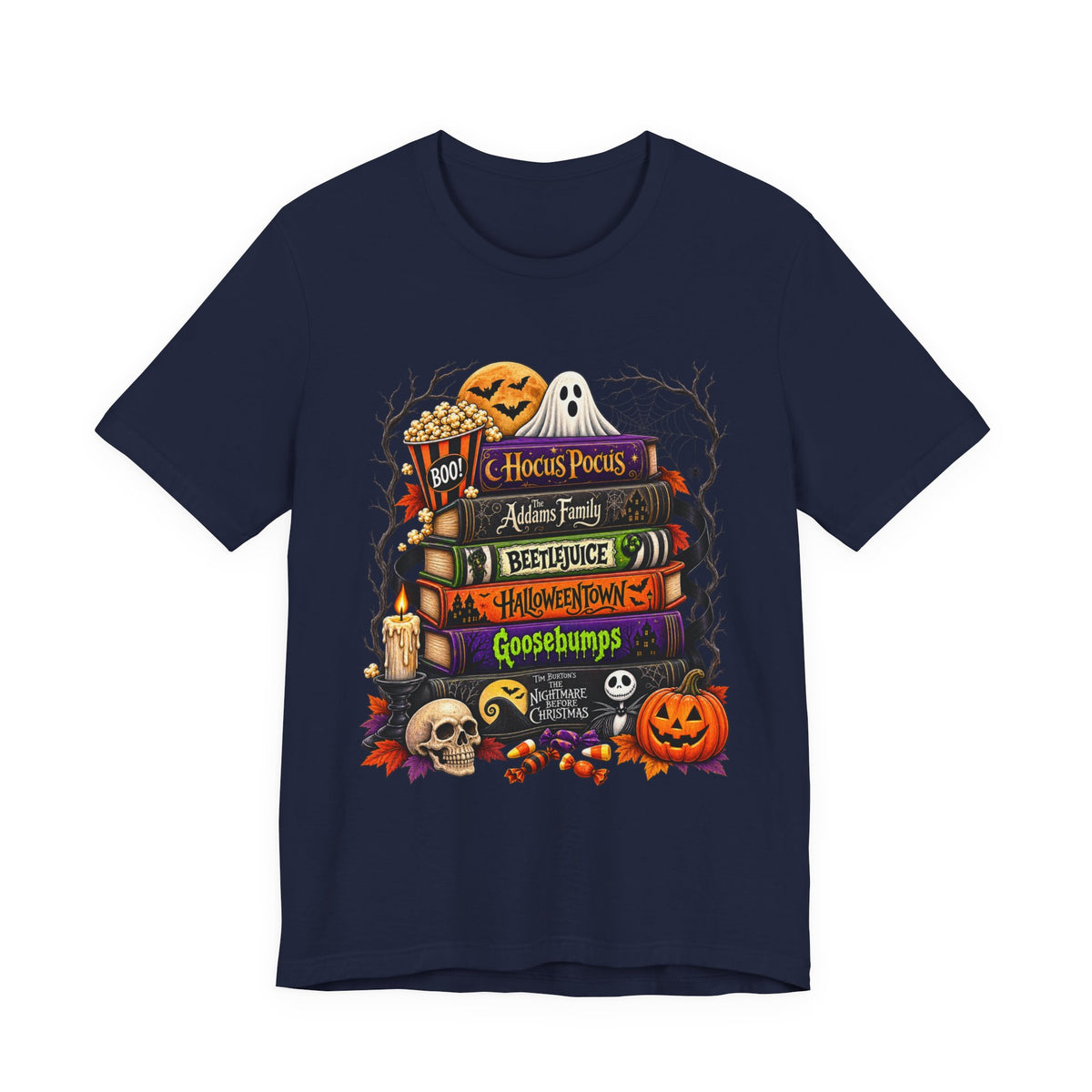 Halloween Horror Book Stack Tee — Hocus Pocus, Beetlejuice, Goosebumps Graphic T-Shirt