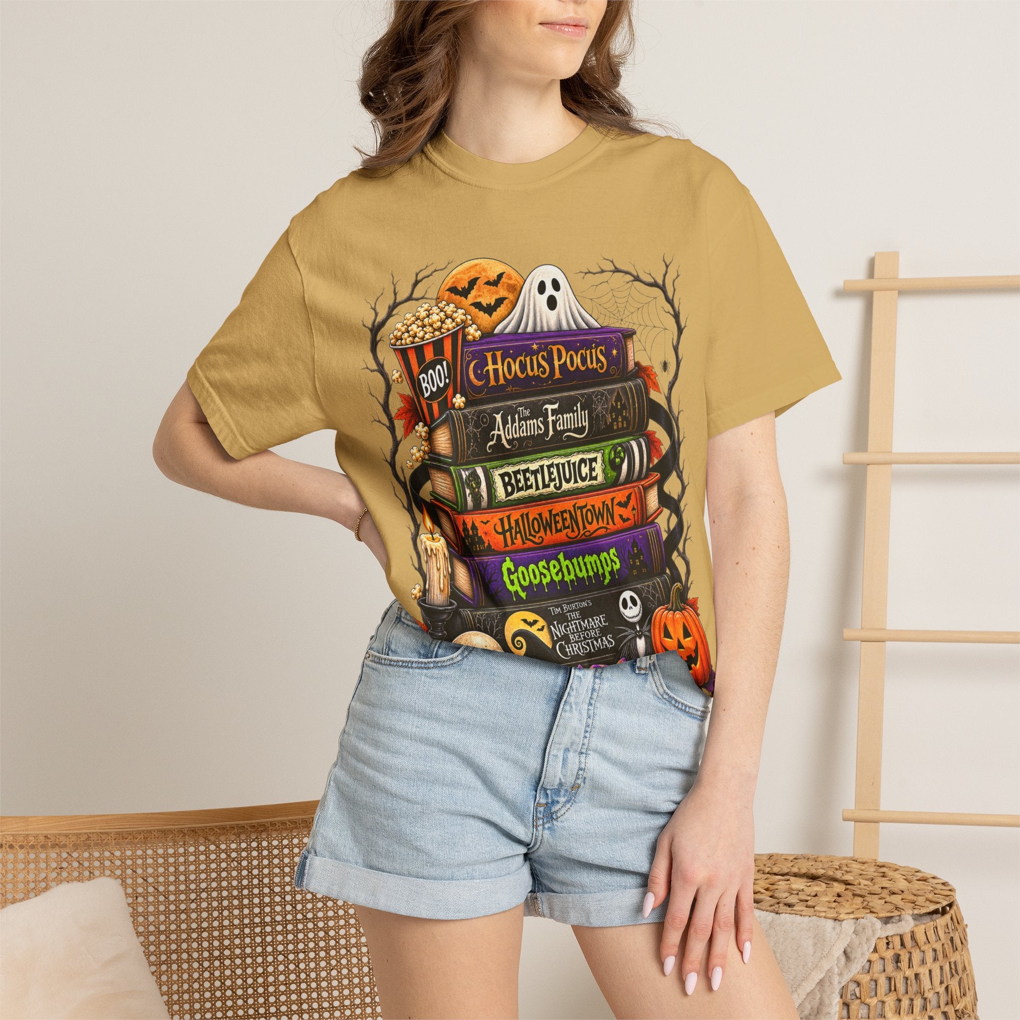 Halloween Horror Book Stack T-Shirt — Hocus Pocus, Beetlejuice, Goosebumps Design