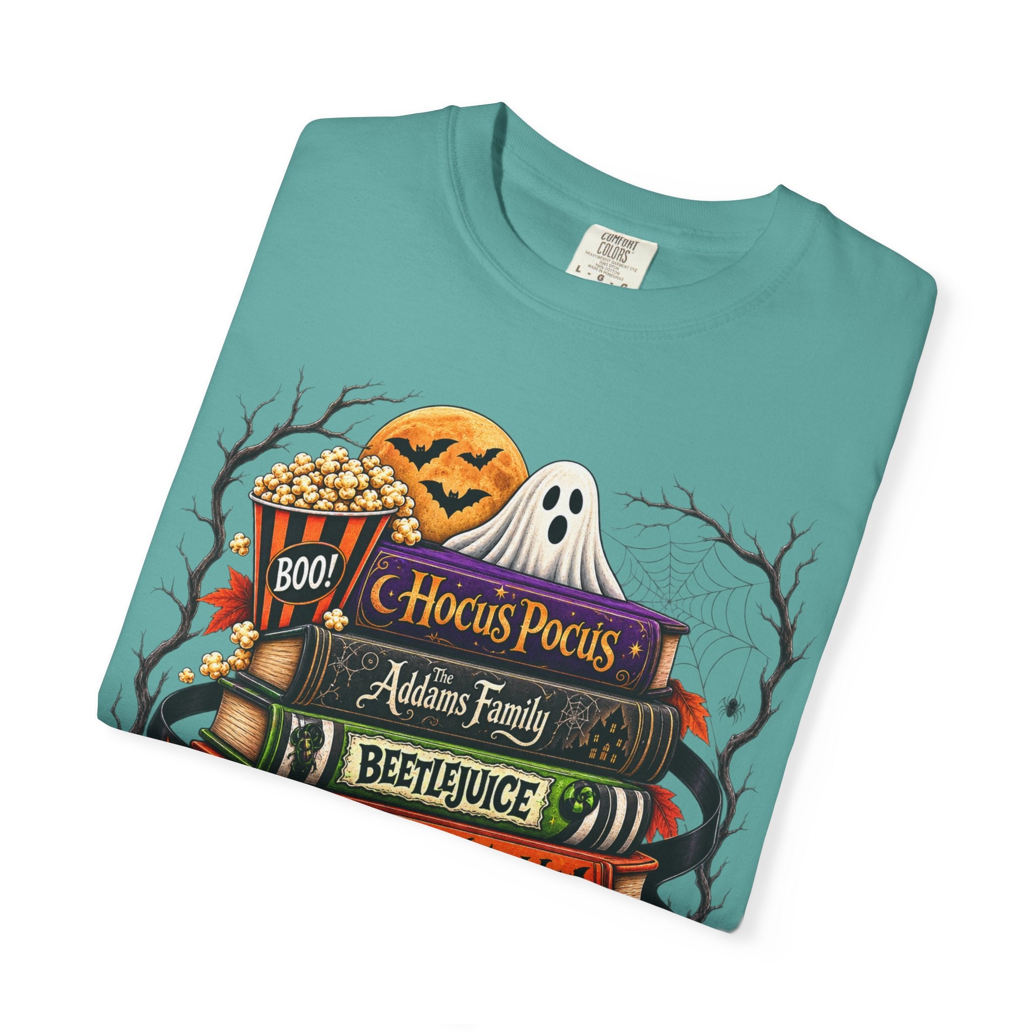 Halloween Horror Book Stack T-Shirt — Hocus Pocus, Beetlejuice, Goosebumps Design