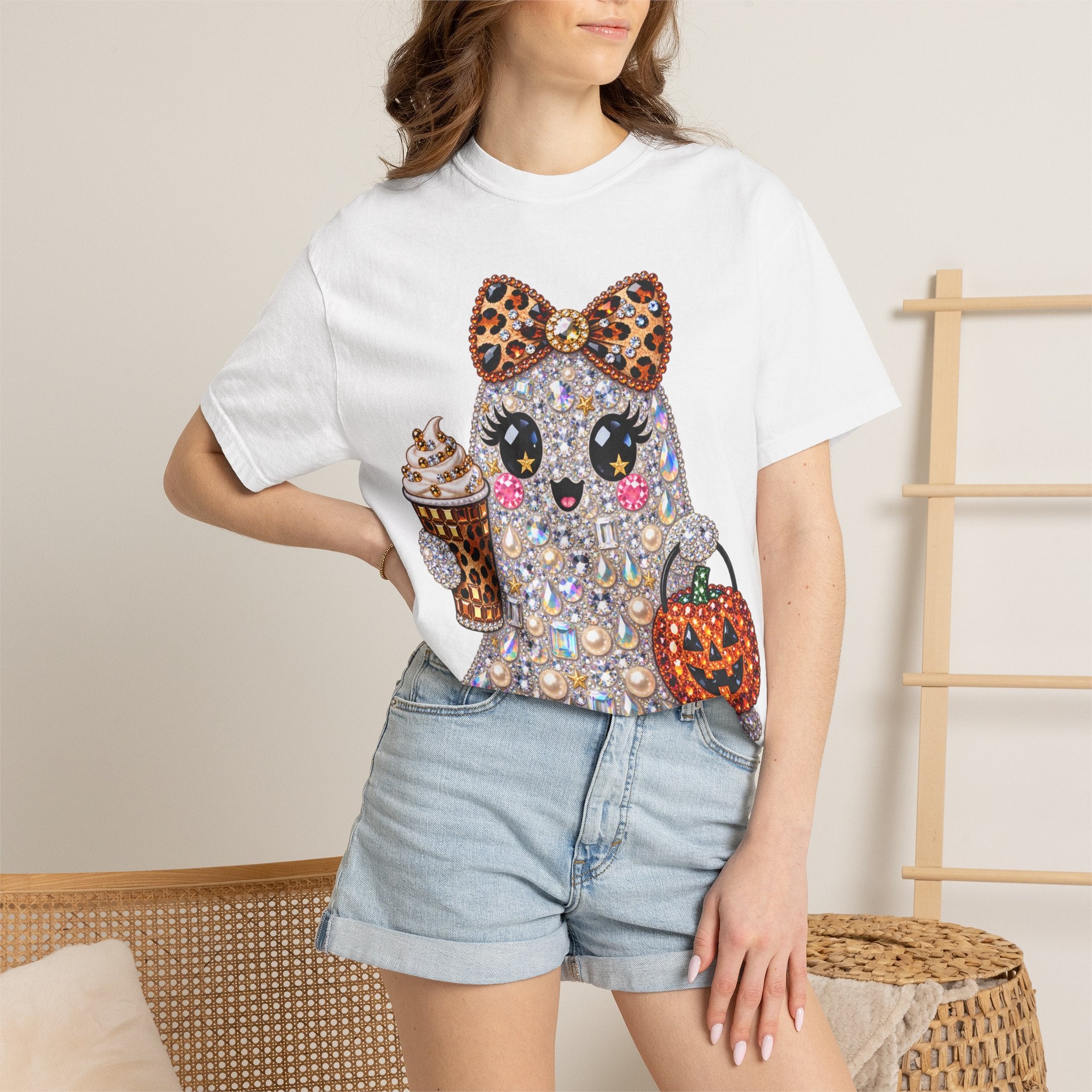 Halloween Sparkle Ghost T-Shirt — Cute Gemstone Ghost with Pumpkin & Coffee