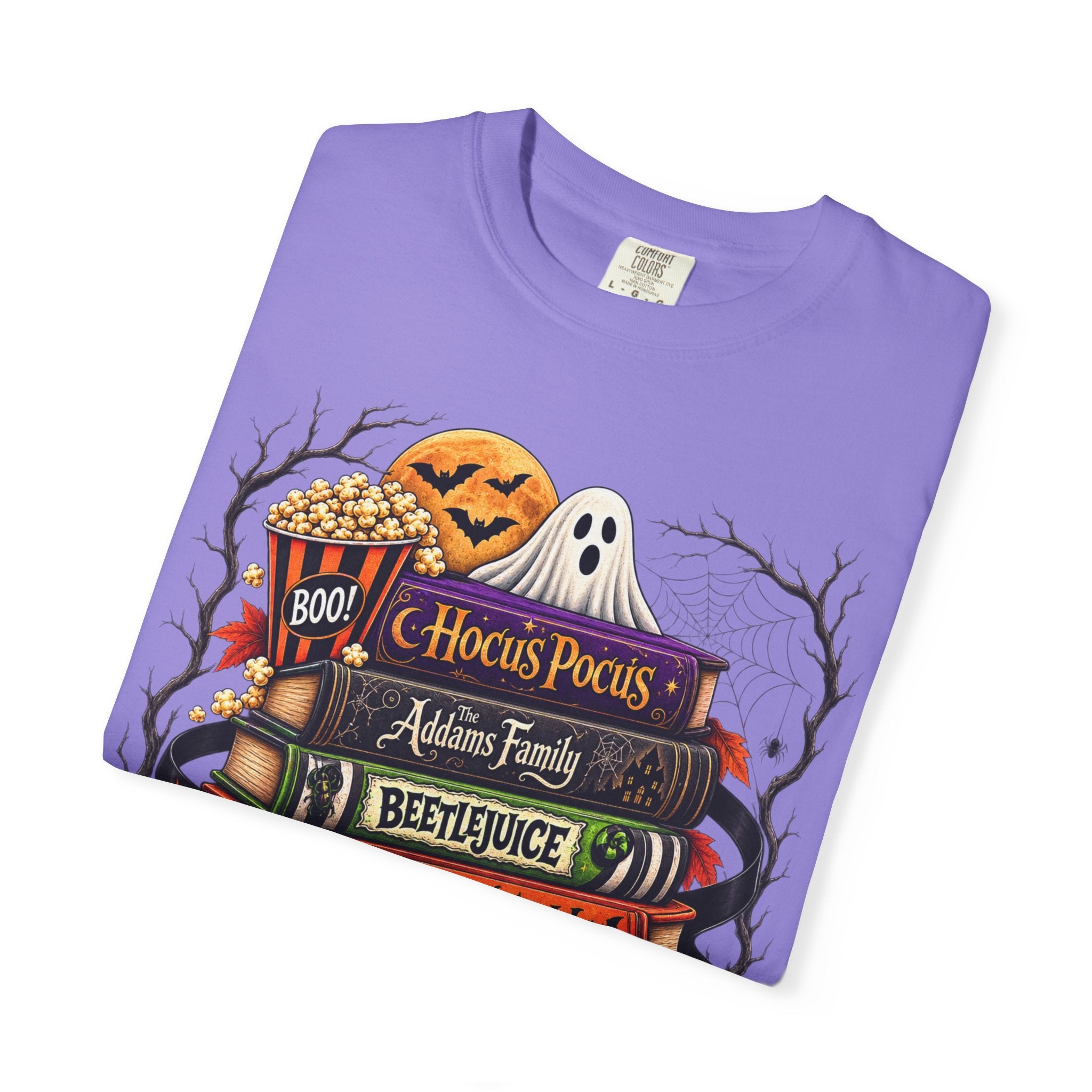 Halloween Horror Book Stack T-Shirt — Hocus Pocus, Beetlejuice, Goosebumps Design