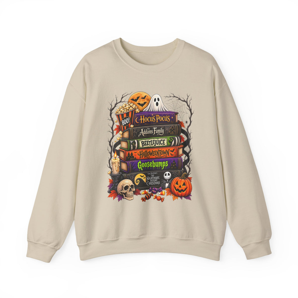Halloween Horror Book Stack Sweatshirt — Spooky Pumpkin & Skull Cozy Crewneck