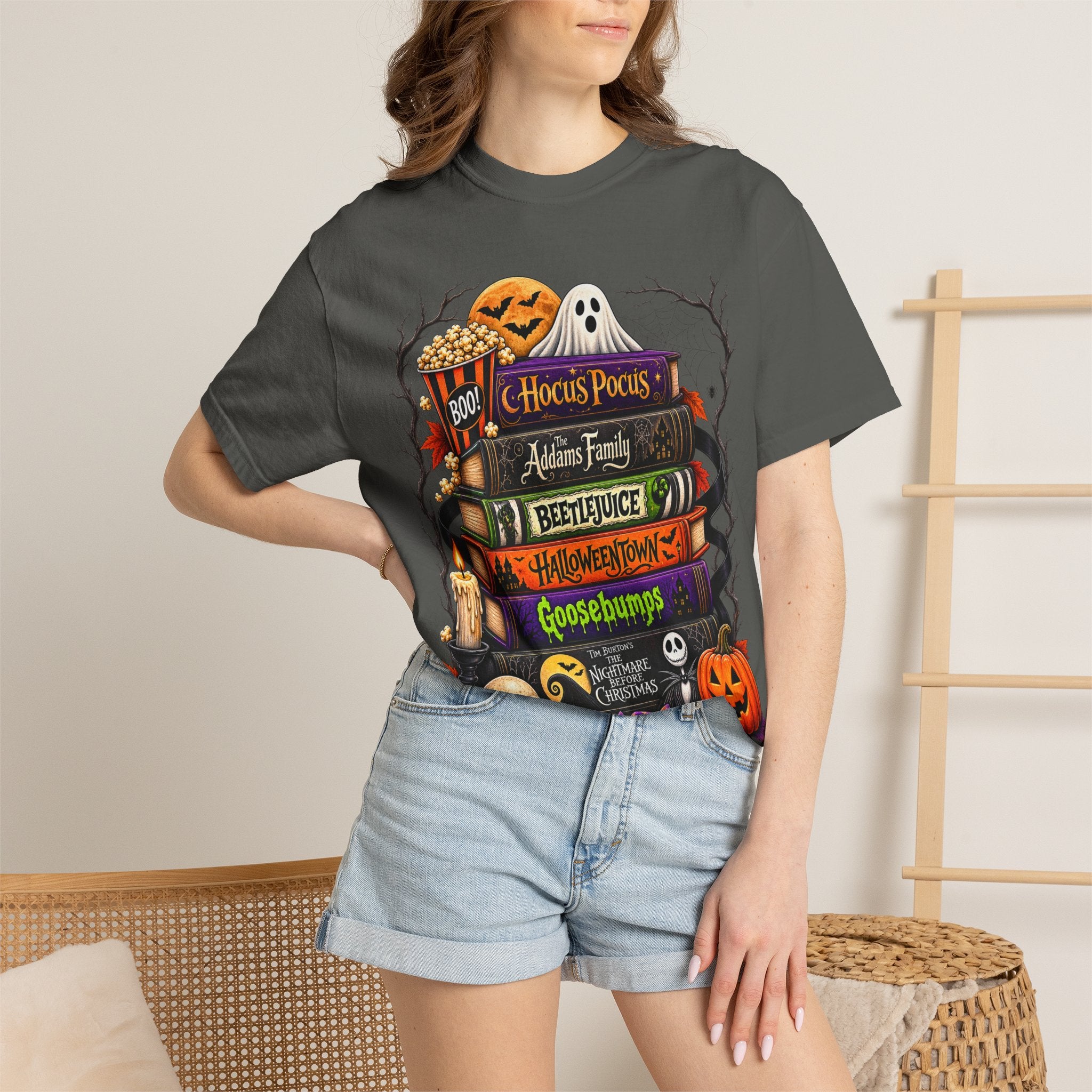 Halloween Horror Book Stack T-Shirt — Hocus Pocus, Beetlejuice, Goosebumps Design