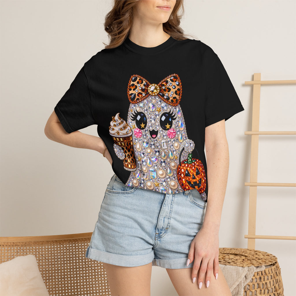 Halloween Sparkle Ghost T-Shirt — Cute Gemstone Ghost with Pumpkin & Coffee