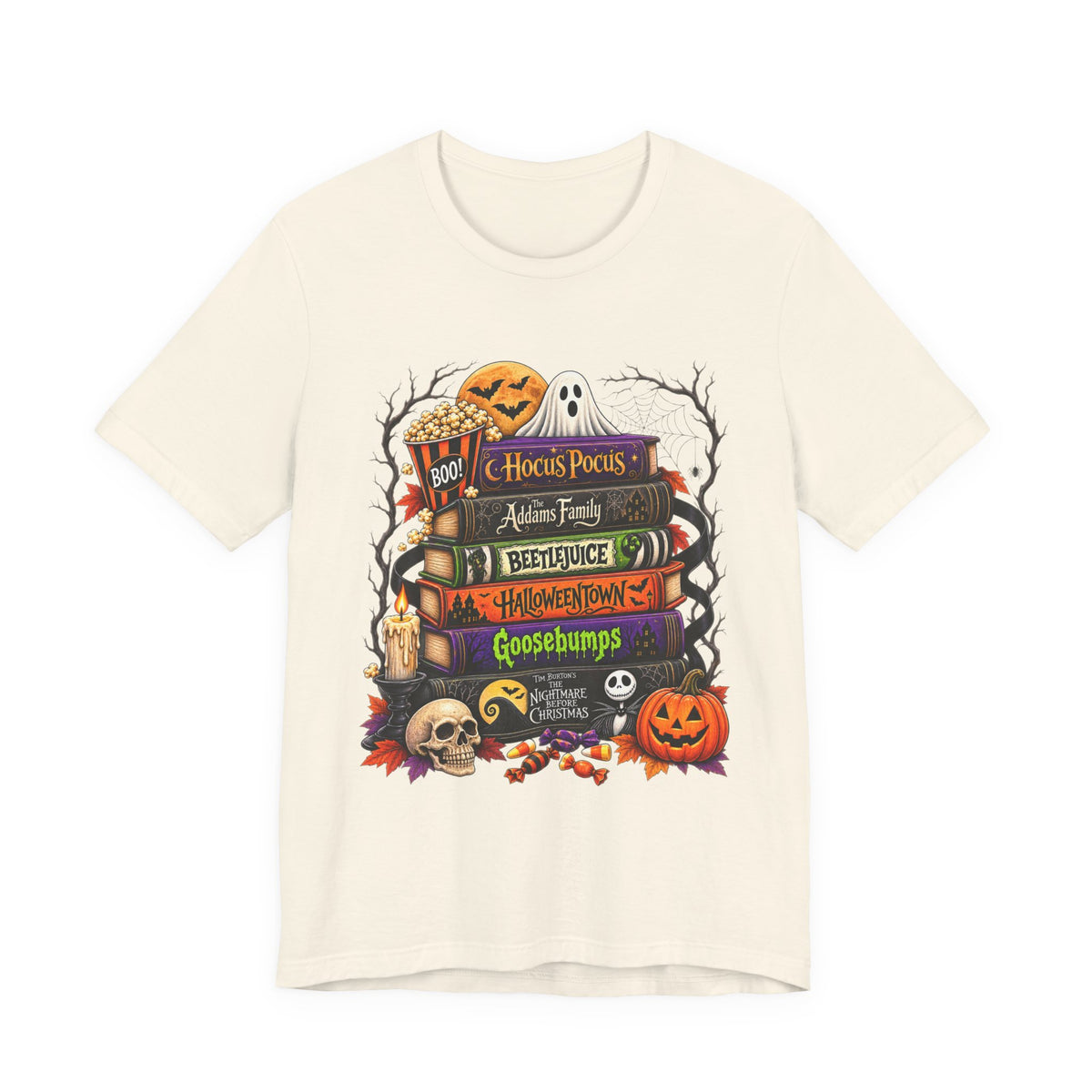 Halloween Horror Book Stack Tee — Hocus Pocus, Beetlejuice, Goosebumps Graphic T-Shirt