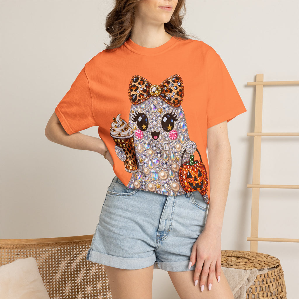 Halloween Sparkle Ghost T-Shirt — Cute Gemstone Ghost with Pumpkin & Coffee