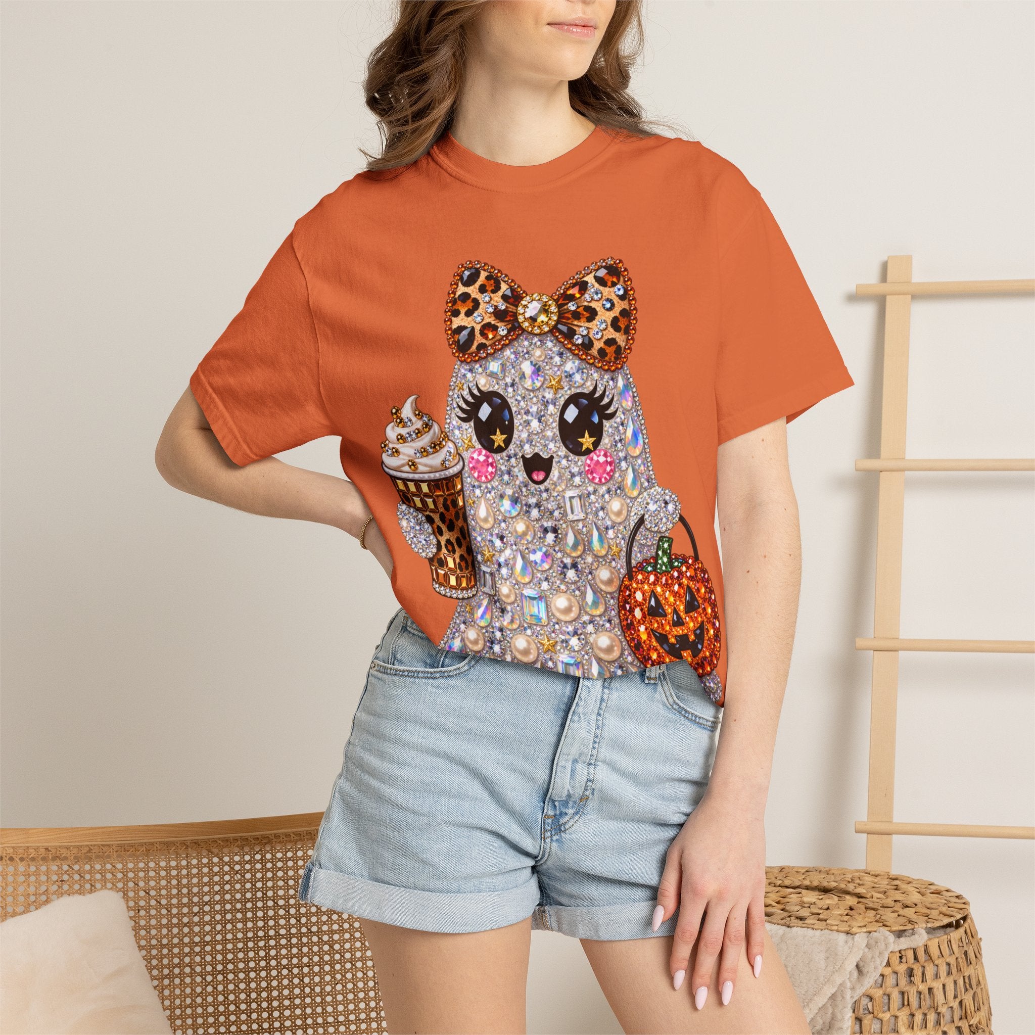 Halloween Sparkle Ghost T-Shirt — Cute Gemstone Ghost with Pumpkin & Coffee
