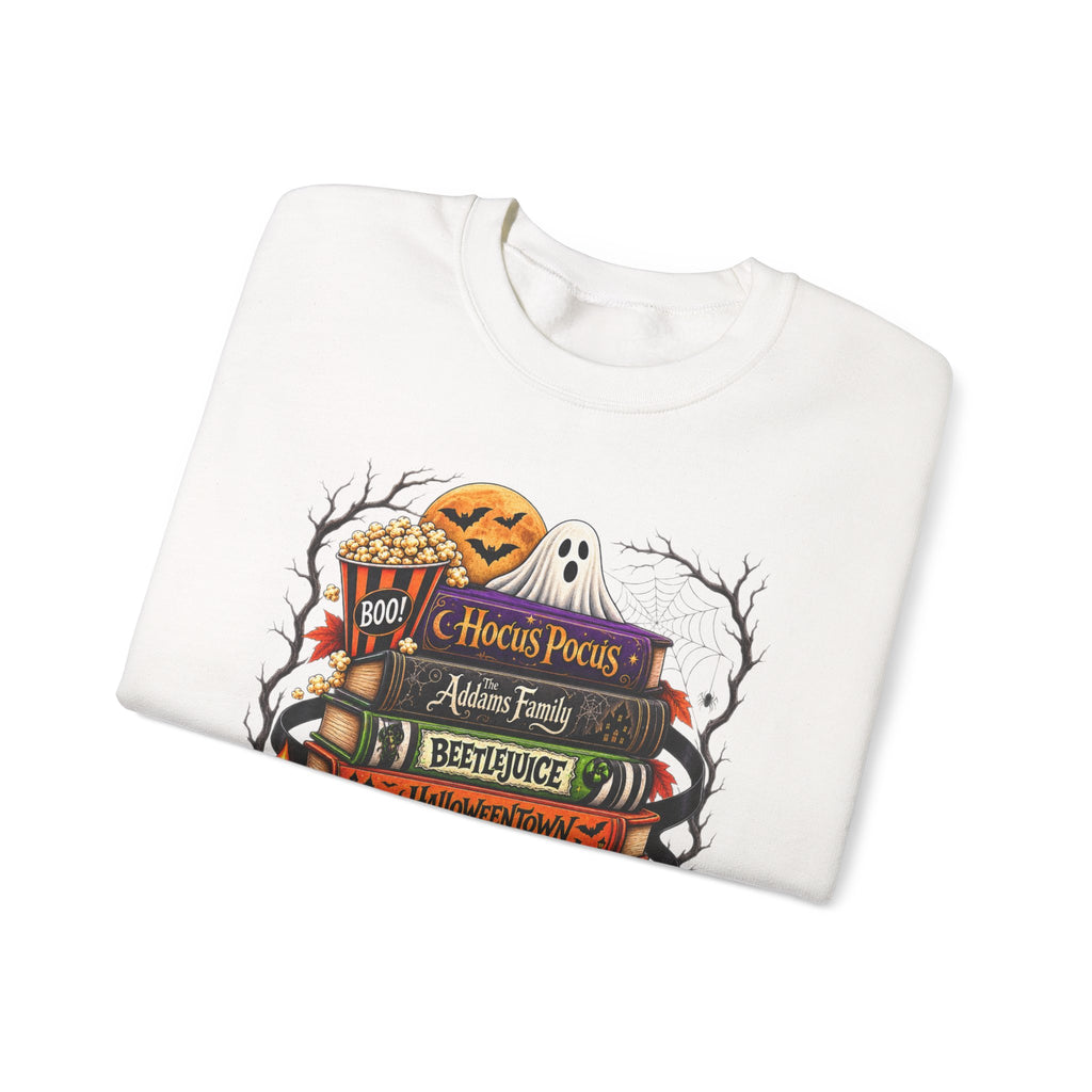 Halloween Horror Book Stack Sweatshirt — Spooky Pumpkin & Skull Cozy Crewneck