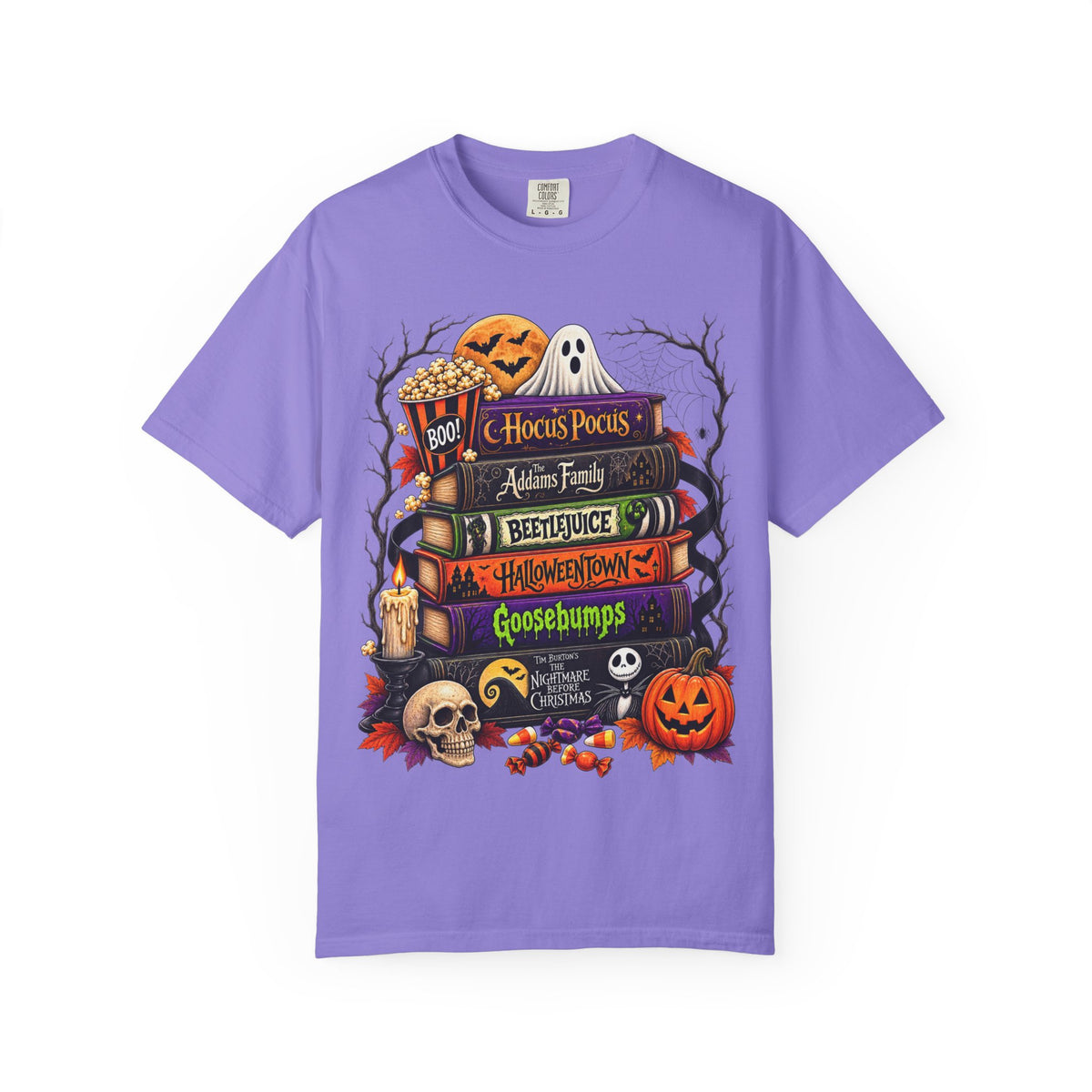 Halloween Horror Book Stack T-Shirt — Hocus Pocus, Beetlejuice, Goosebumps Design