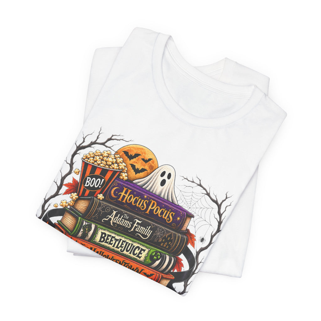 Halloween Horror Book Stack Tee — Hocus Pocus, Beetlejuice, Goosebumps Graphic T-Shirt
