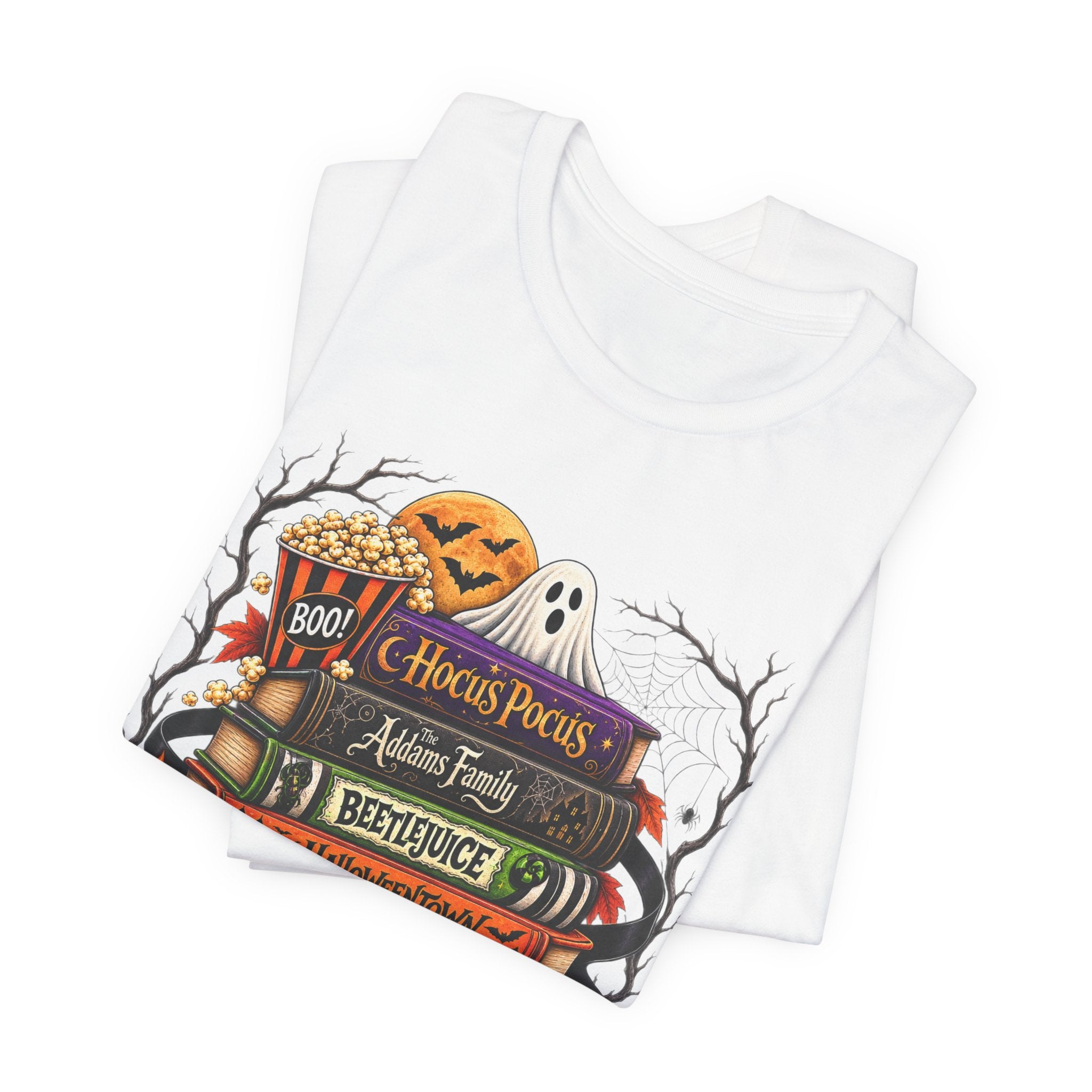 Halloween Horror Book Stack Tee — Hocus Pocus, Beetlejuice, Goosebumps Graphic T-Shirt