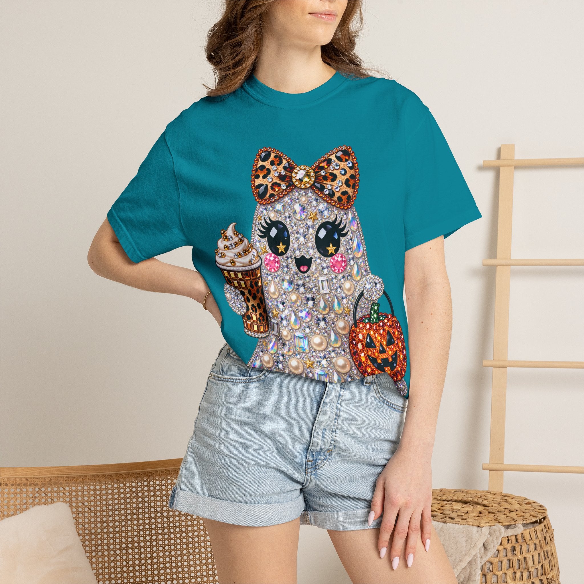 Halloween Sparkle Ghost T-Shirt — Cute Gemstone Ghost with Pumpkin & Coffee