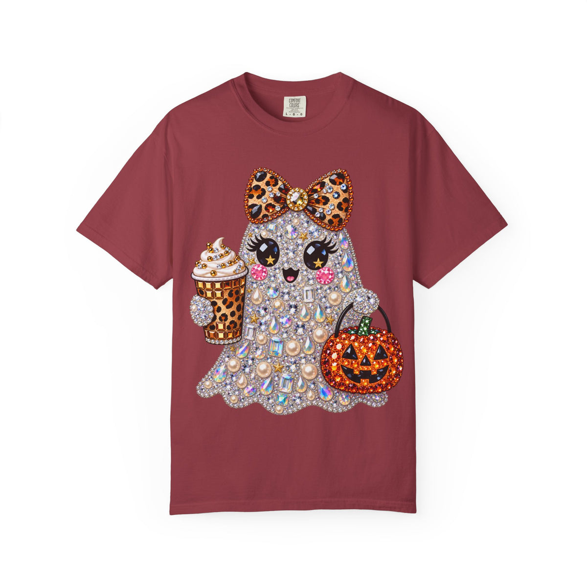 Halloween Sparkle Ghost T-Shirt — Cute Gemstone Ghost with Pumpkin & Coffee