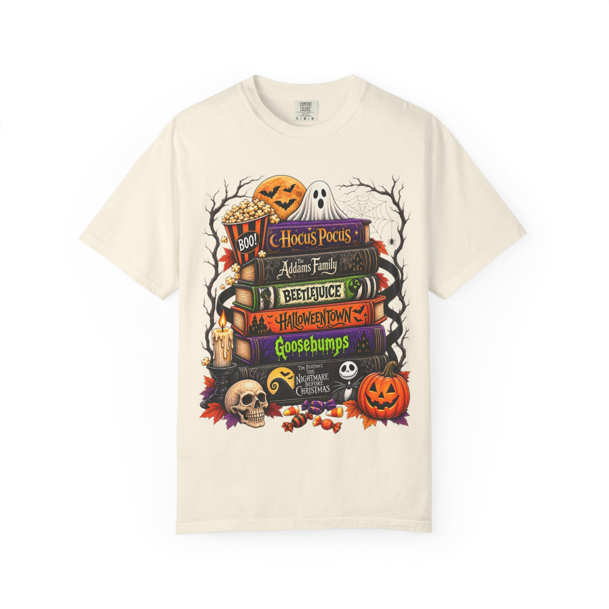 Halloween Horror Book Stack T-Shirt — Hocus Pocus, Beetlejuice, Goosebumps Design