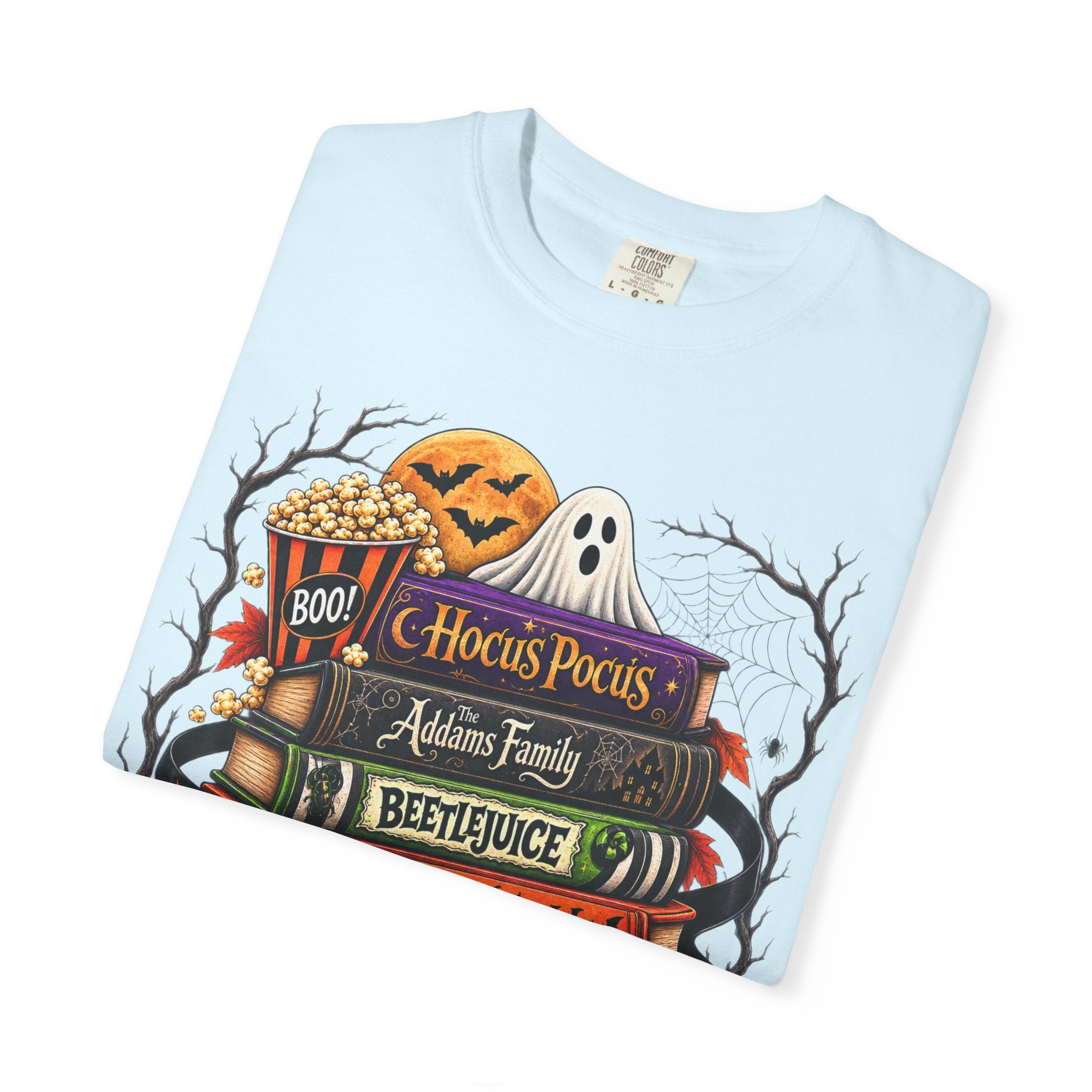 Halloween Horror Book Stack T-Shirt — Hocus Pocus, Beetlejuice, Goosebumps Design