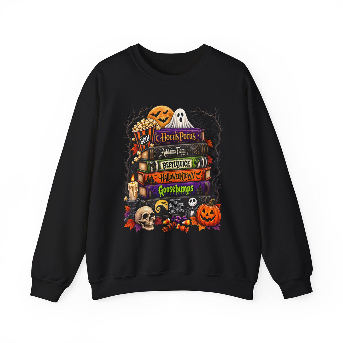 Halloween Horror Book Stack Sweatshirt — Spooky Pumpkin & Skull Cozy Crewneck