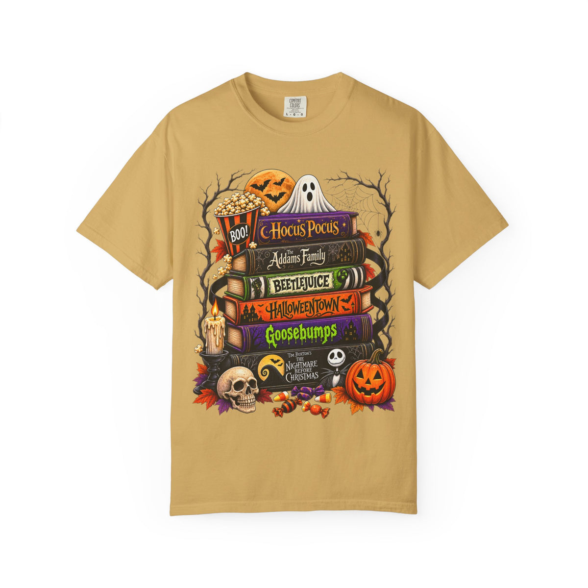 Halloween Horror Book Stack T-Shirt — Hocus Pocus, Beetlejuice, Goosebumps Design