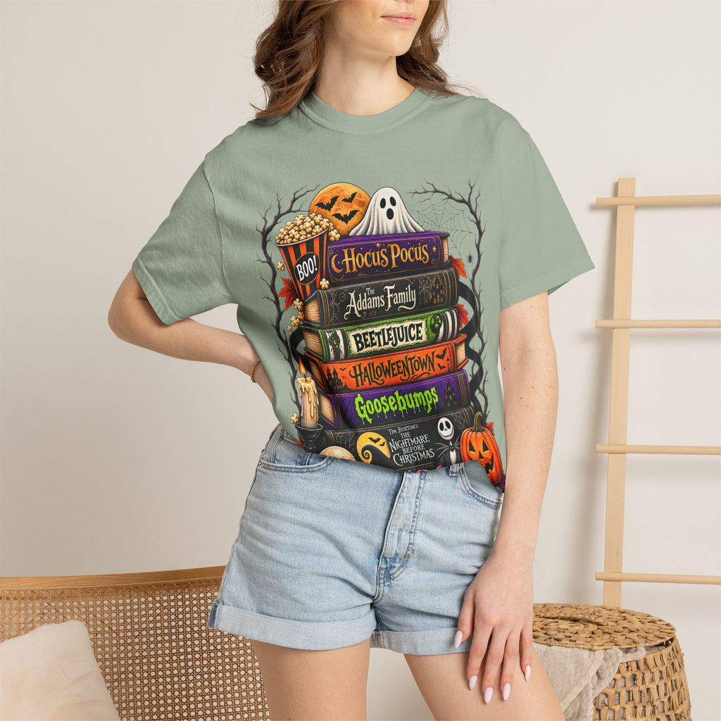 Halloween Horror Book Stack T-Shirt — Hocus Pocus, Beetlejuice, Goosebumps Design