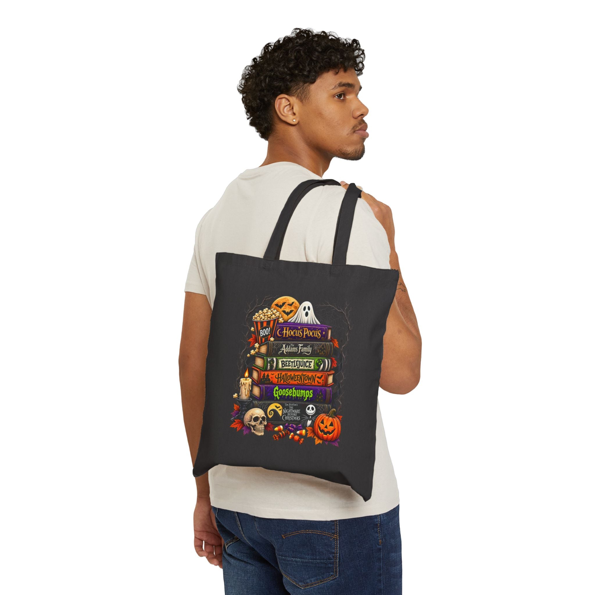 Halloween Horror Bookstack Canvas Tote — Spooky Pumpkin & Ghost Library Bag