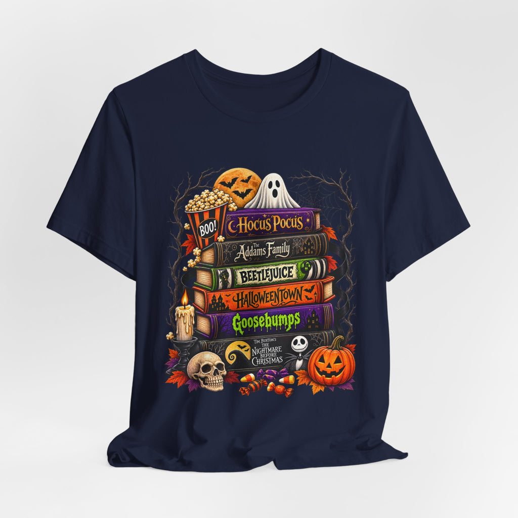 Halloween Horror Book Stack Tee — Hocus Pocus, Beetlejuice, Goosebumps Graphic T-Shirt