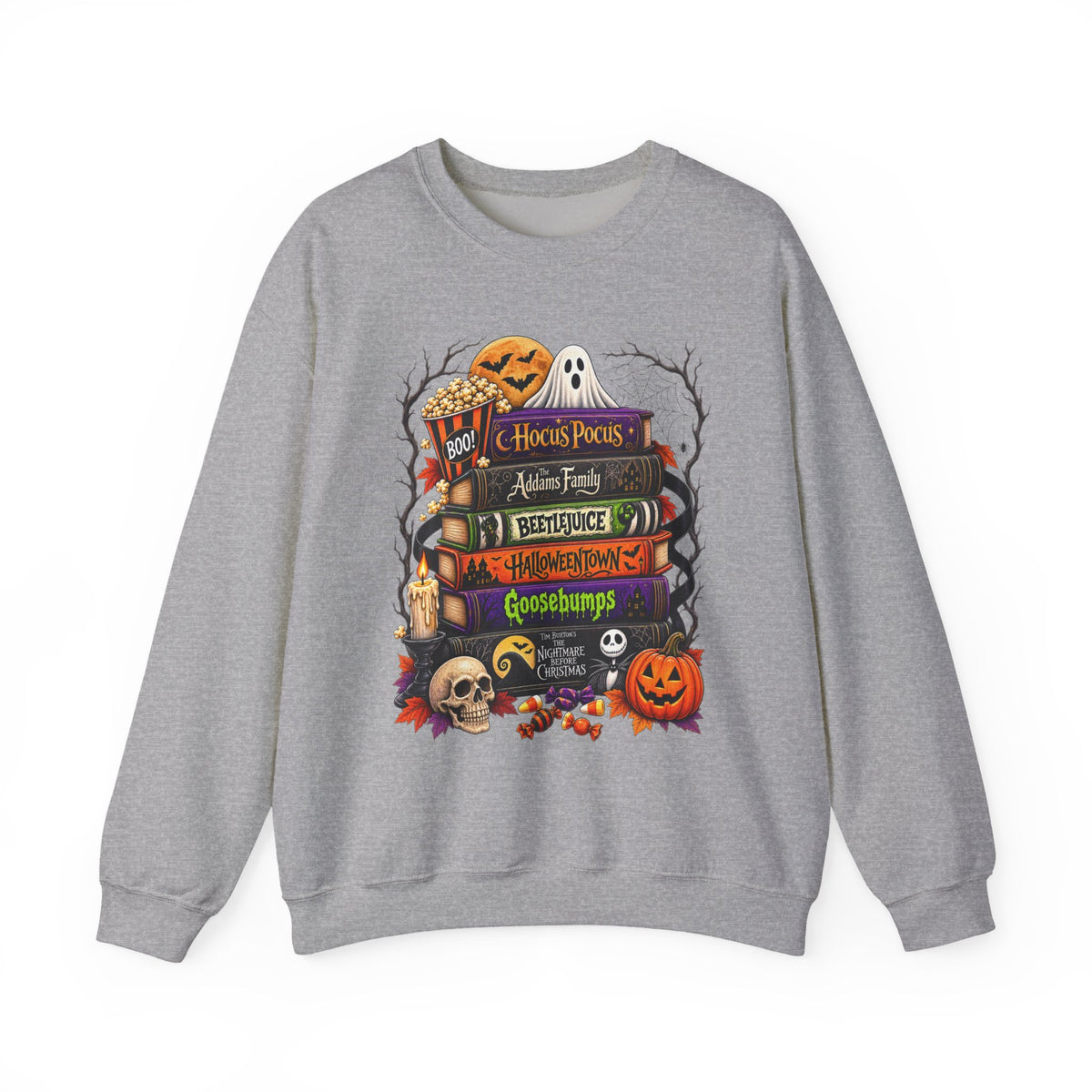 Halloween Horror Book Stack Sweatshirt — Spooky Pumpkin & Skull Cozy Crewneck