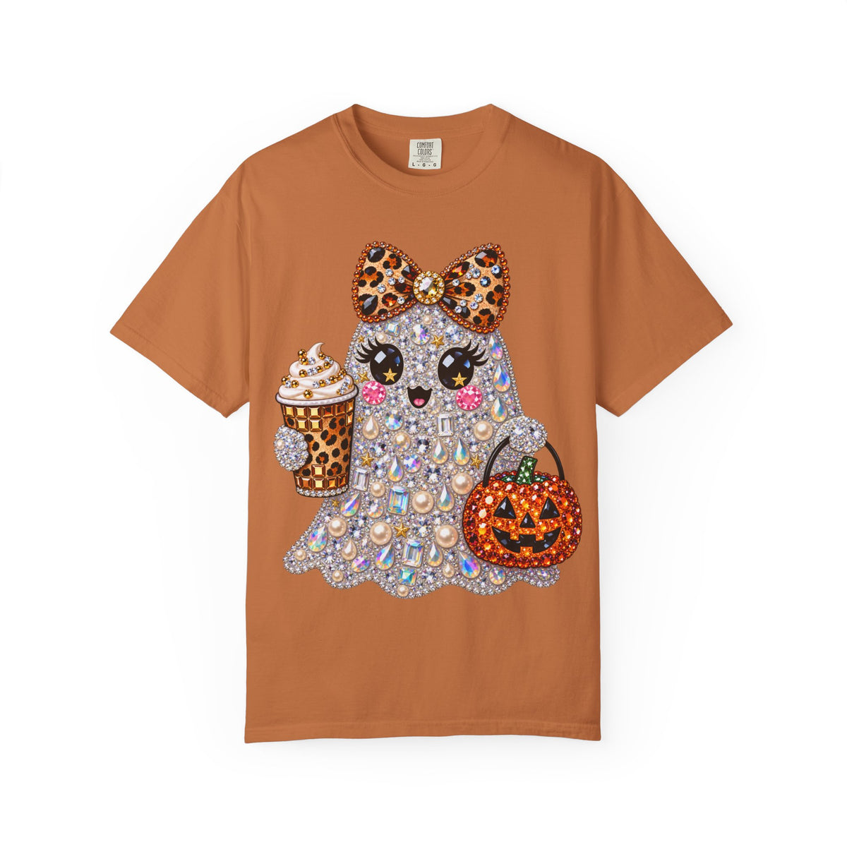 Halloween Sparkle Ghost T-Shirt — Cute Gemstone Ghost with Pumpkin & Coffee