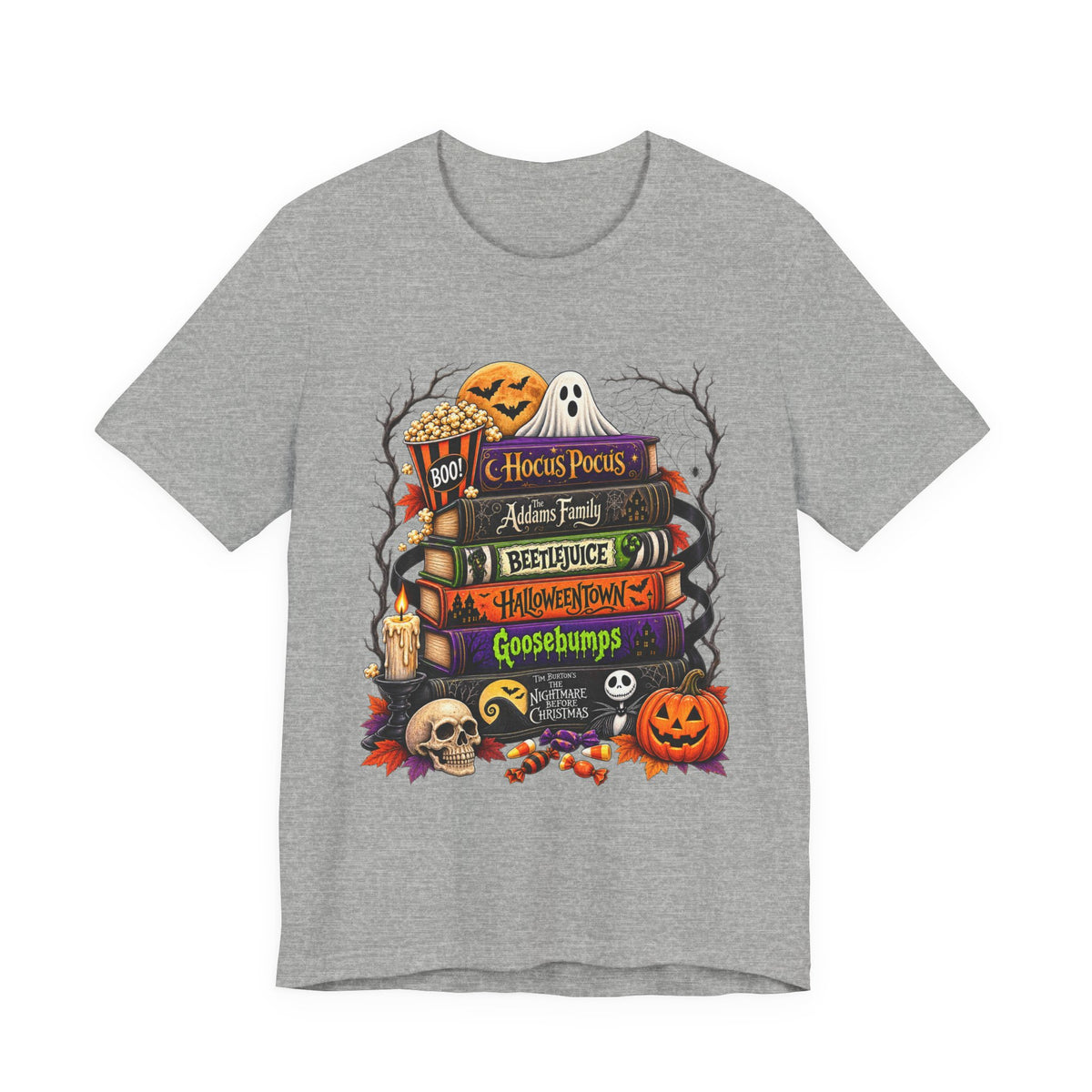 Halloween Horror Book Stack Tee — Hocus Pocus, Beetlejuice, Goosebumps Graphic T-Shirt