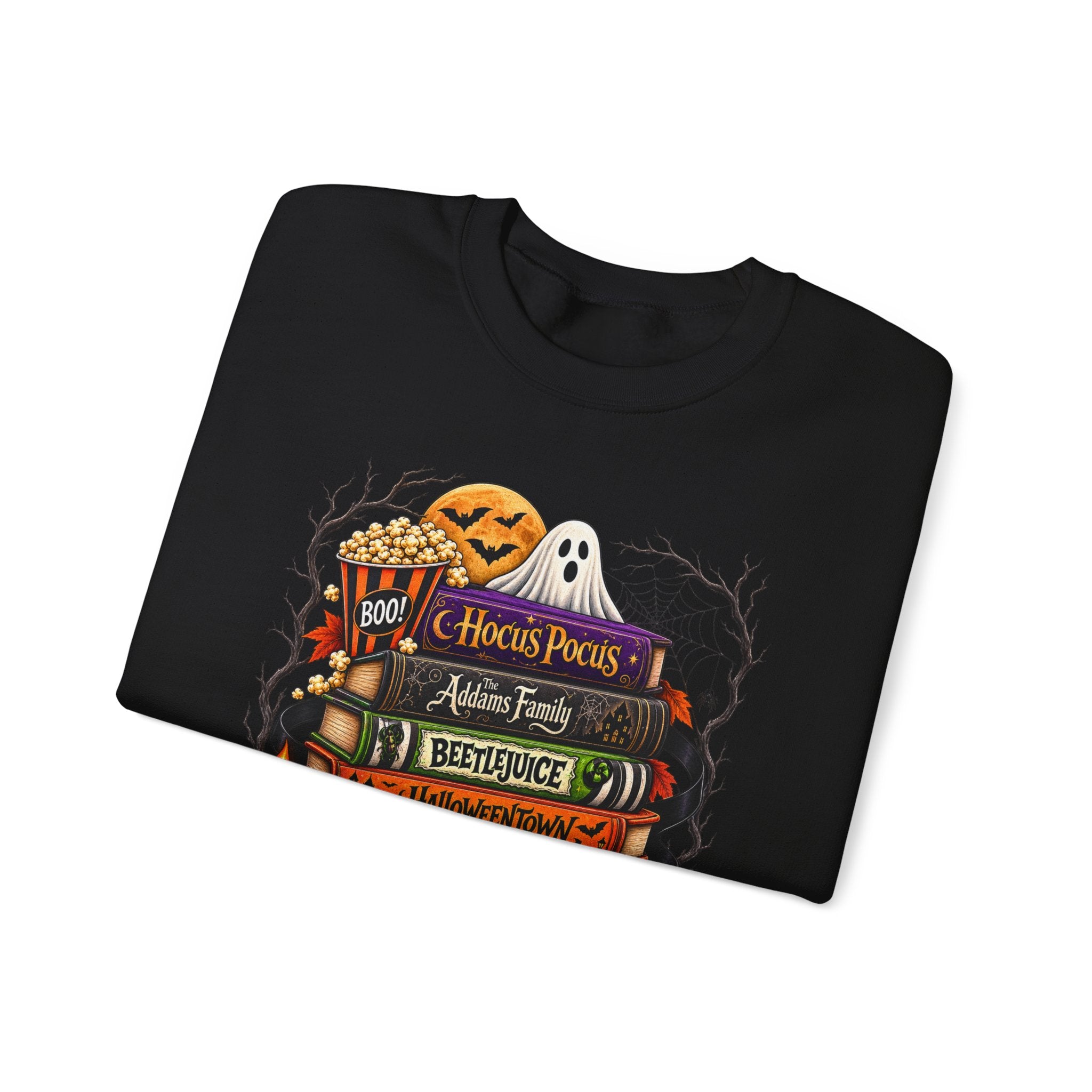 Halloween Horror Book Stack Sweatshirt — Spooky Pumpkin & Skull Cozy Crewneck