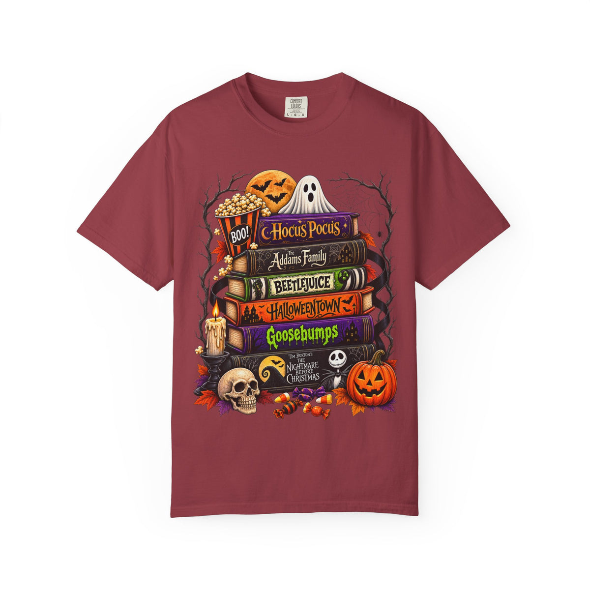 Halloween Horror Book Stack T-Shirt — Hocus Pocus, Beetlejuice, Goosebumps Design