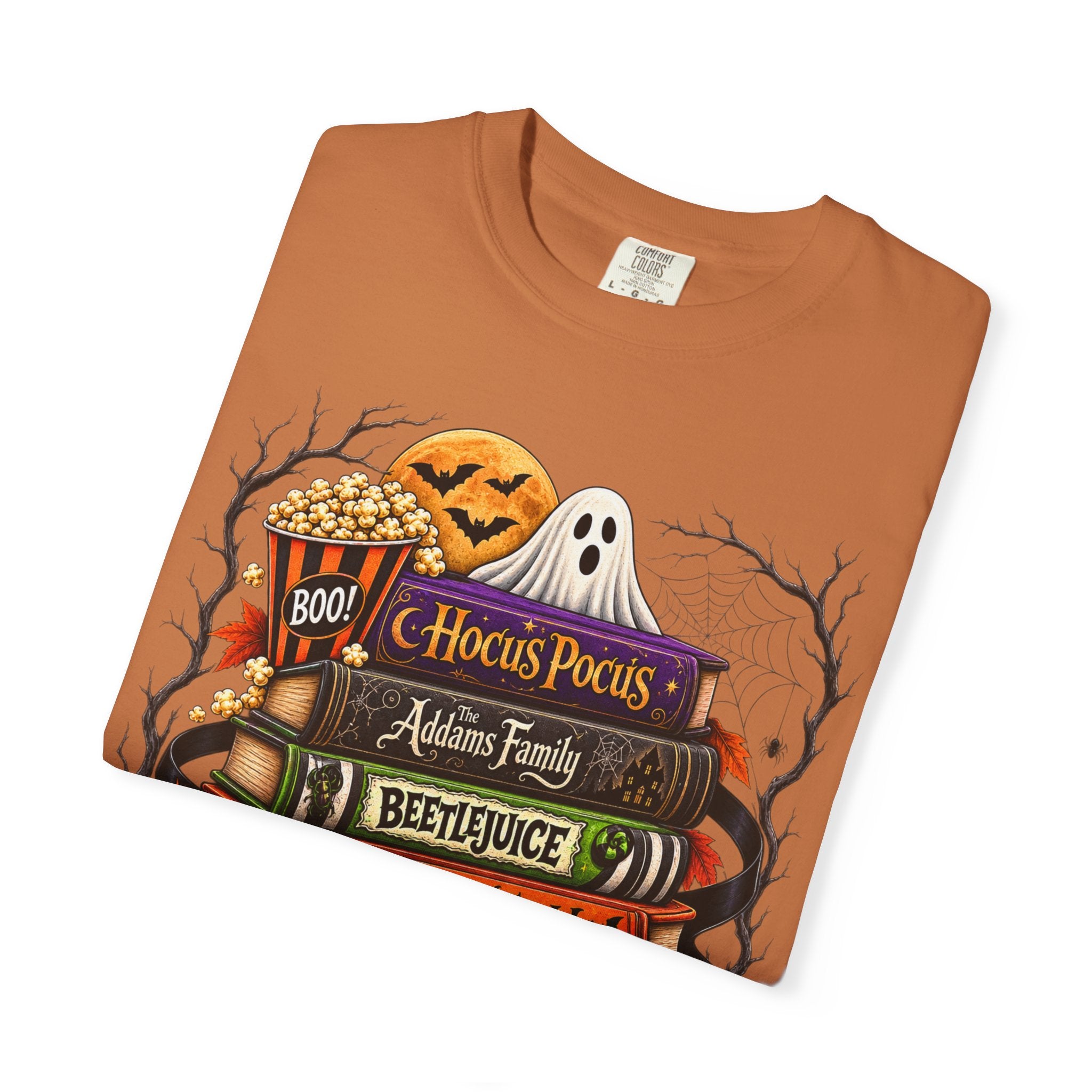 Halloween Horror Book Stack T-Shirt — Hocus Pocus, Beetlejuice, Goosebumps Design