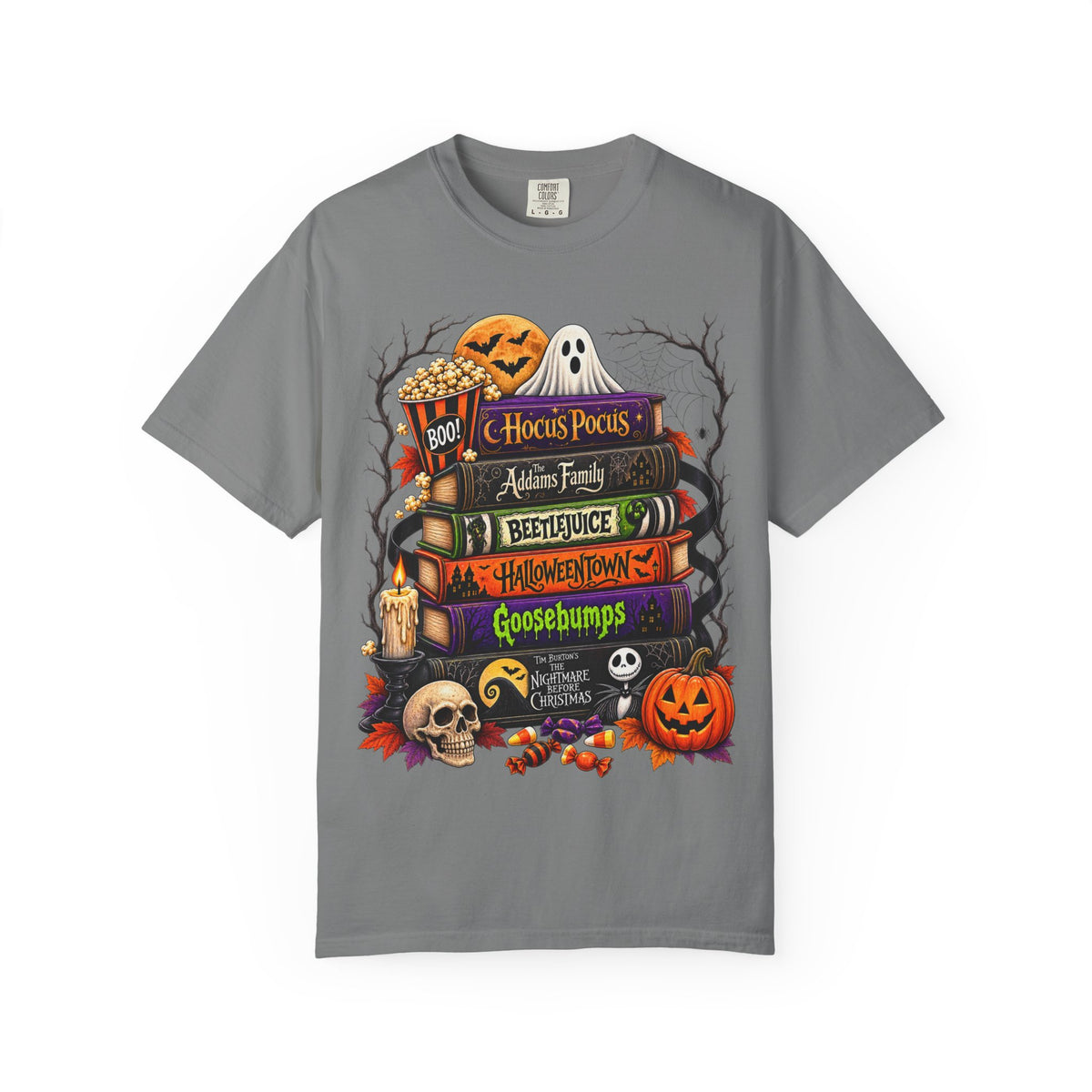 Halloween Horror Book Stack T-Shirt — Hocus Pocus, Beetlejuice, Goosebumps Design