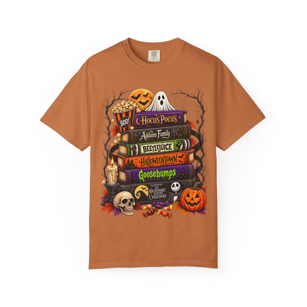 Halloween Horror Book Stack T-Shirt — Hocus Pocus, Beetlejuice, Goosebumps Design
