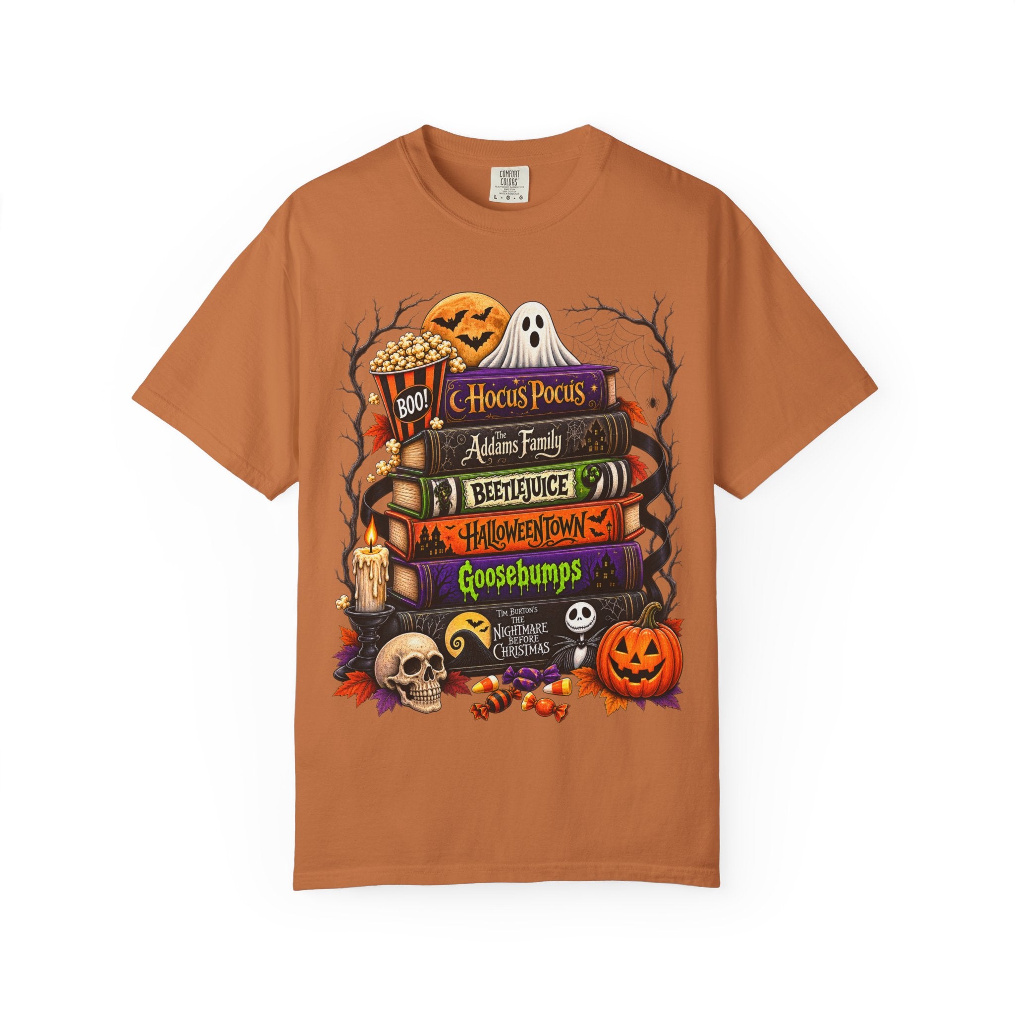 Halloween Horror Book Stack T-Shirt — Hocus Pocus, Beetlejuice, Goosebumps Design