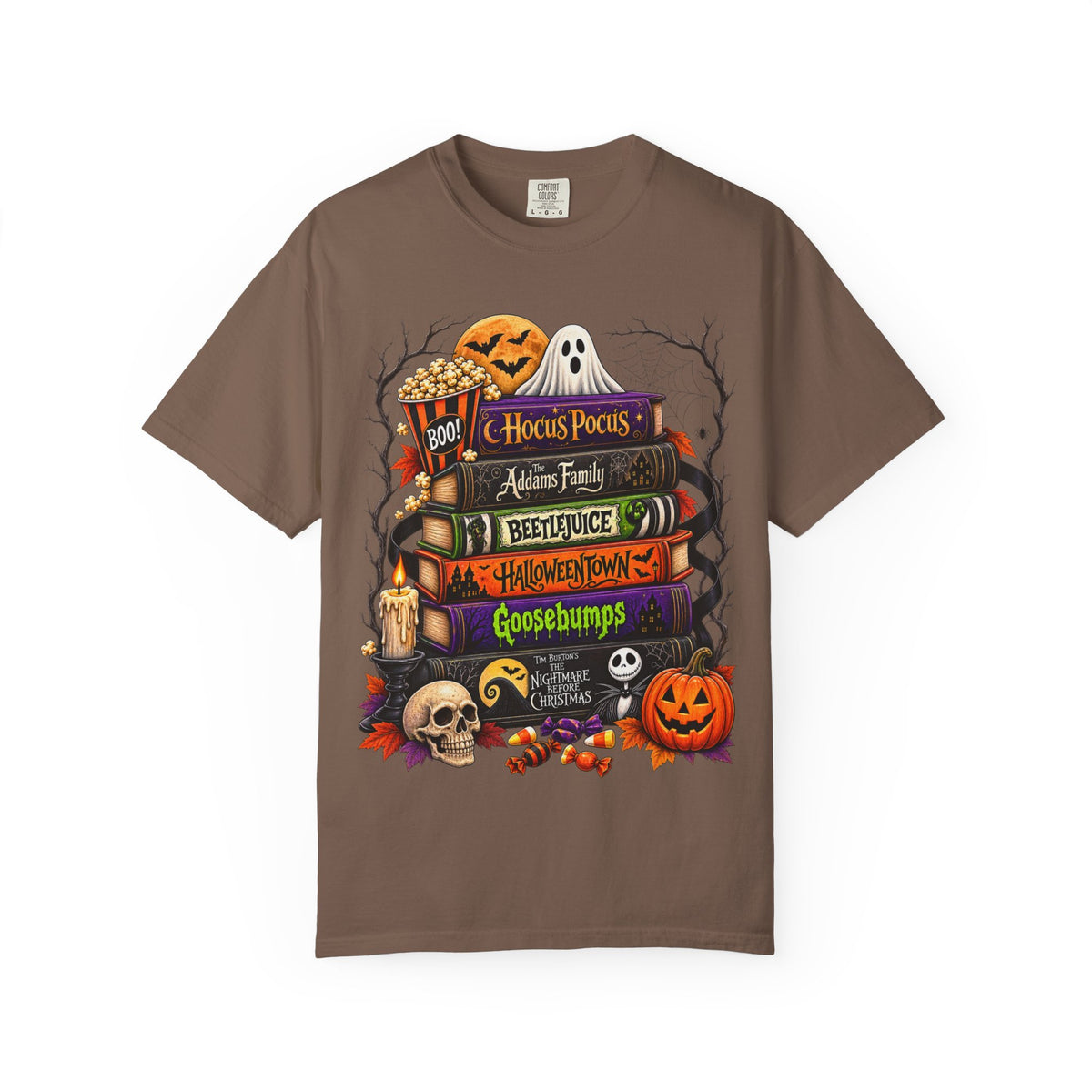 Halloween Horror Book Stack T-Shirt — Hocus Pocus, Beetlejuice, Goosebumps Design