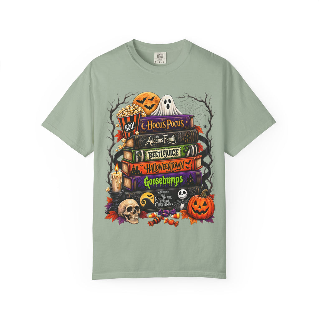 Halloween Horror Book Stack T-Shirt — Hocus Pocus, Beetlejuice, Goosebumps Design