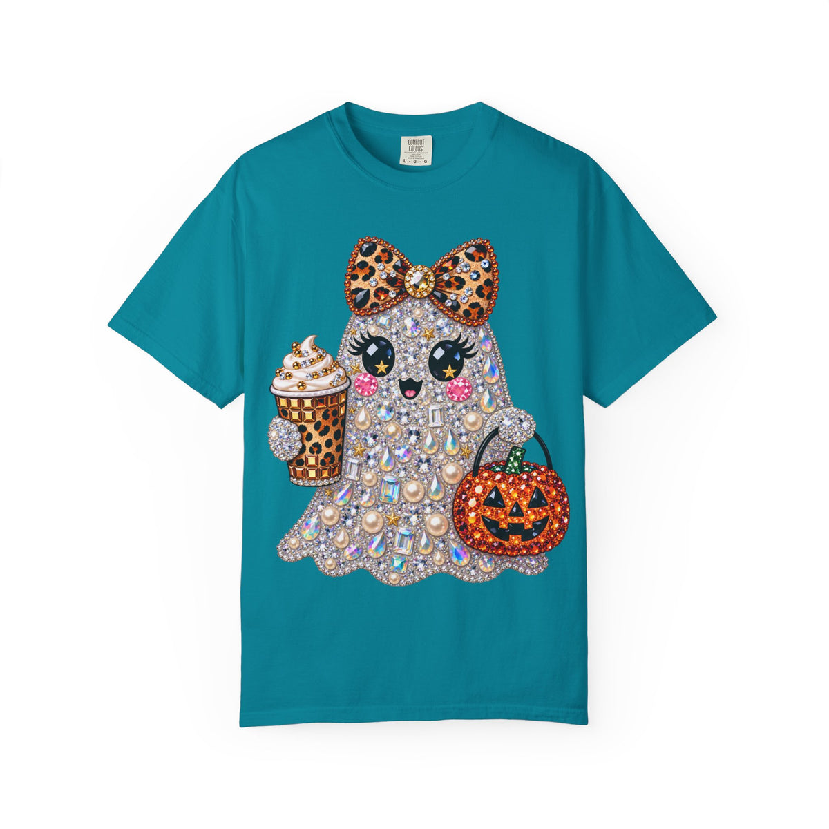 Halloween Sparkle Ghost T-Shirt — Cute Gemstone Ghost with Pumpkin & Coffee
