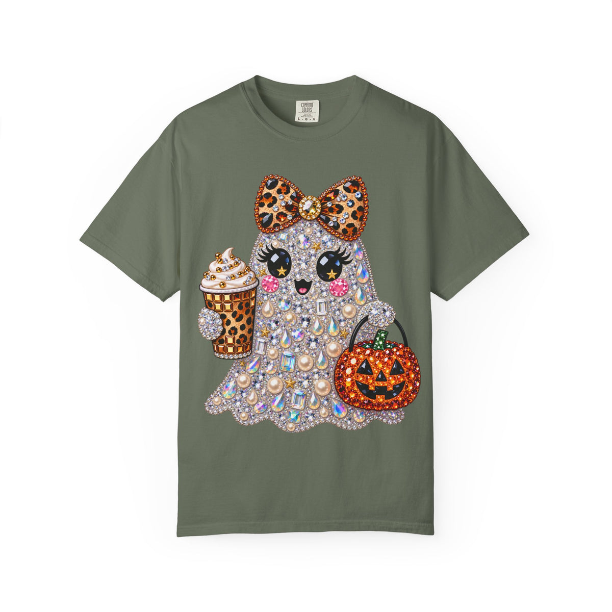 Halloween Sparkle Ghost T-Shirt — Cute Gemstone Ghost with Pumpkin & Coffee