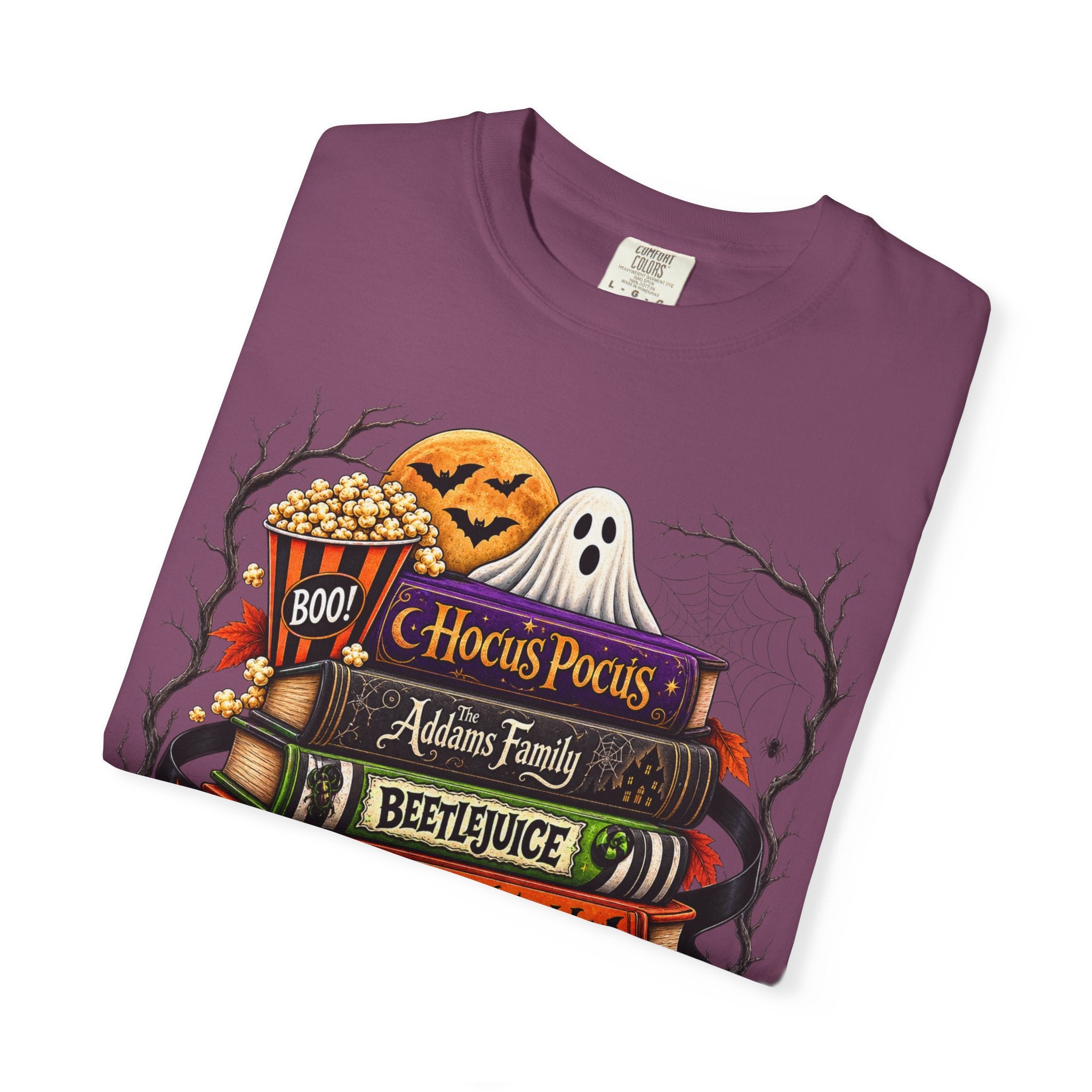 Halloween Horror Book Stack T-Shirt — Hocus Pocus, Beetlejuice, Goosebumps Design