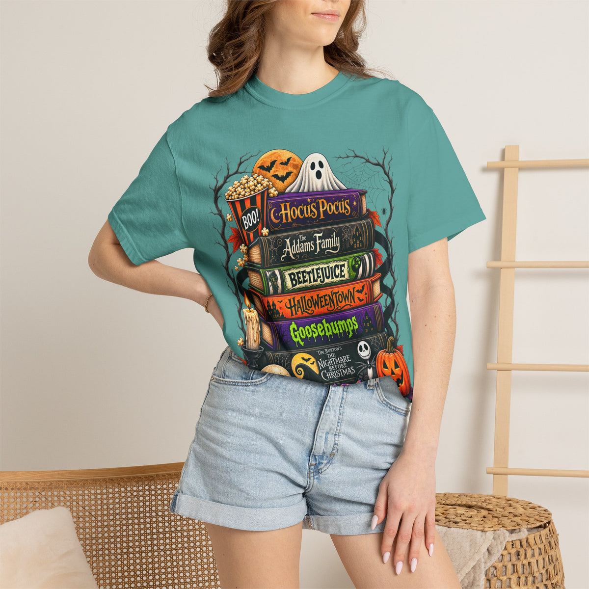 Halloween Horror Book Stack T-Shirt — Hocus Pocus, Beetlejuice, Goosebumps Design