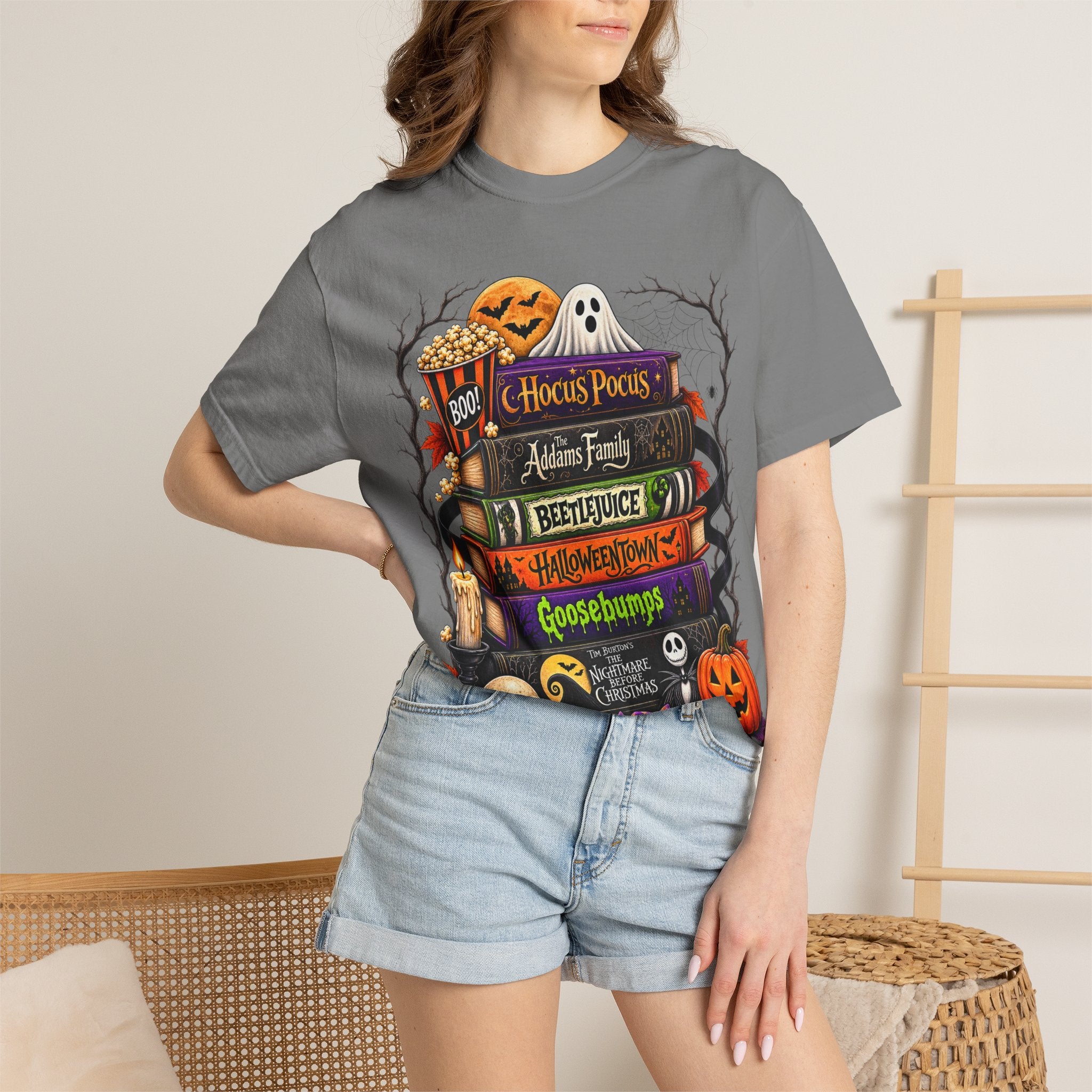 Halloween Horror Book Stack T-Shirt — Hocus Pocus, Beetlejuice, Goosebumps Design