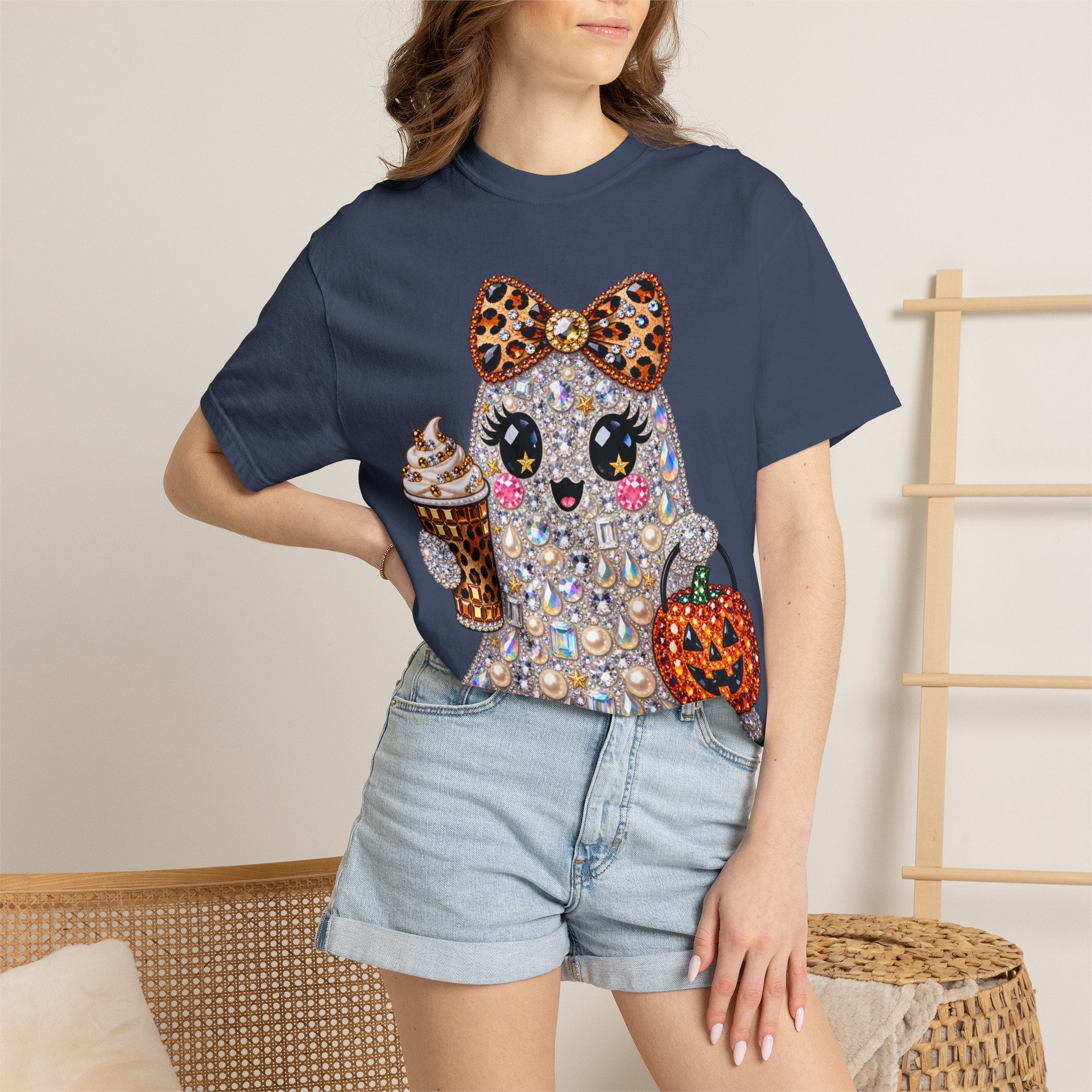 Halloween Sparkle Ghost T-Shirt — Cute Gemstone Ghost with Pumpkin & Coffee