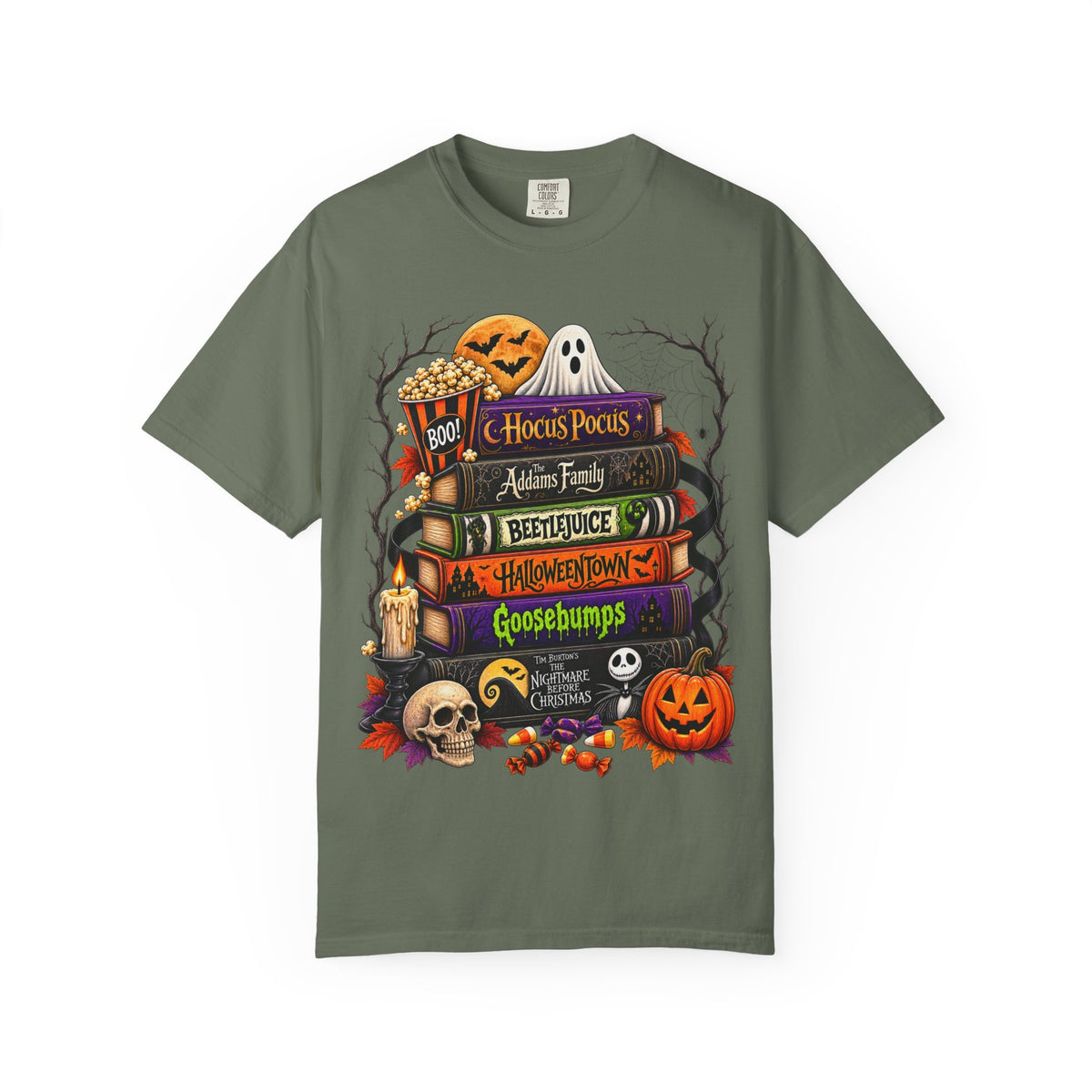 Halloween Horror Book Stack T-Shirt — Hocus Pocus, Beetlejuice, Goosebumps Design