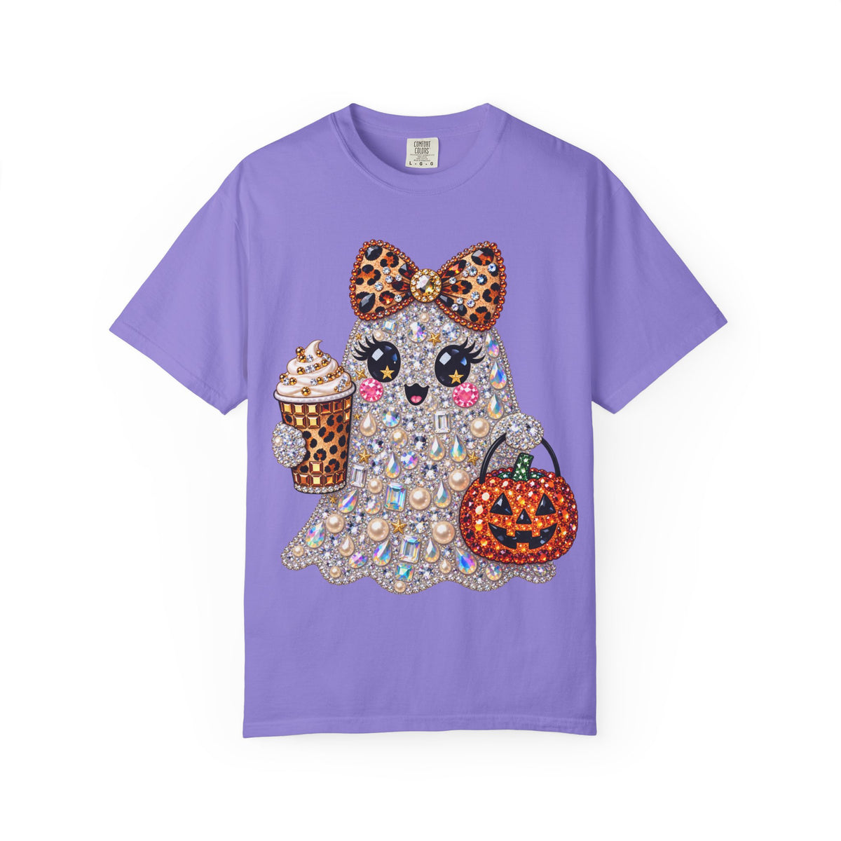 Halloween Sparkle Ghost T-Shirt — Cute Gemstone Ghost with Pumpkin & Coffee