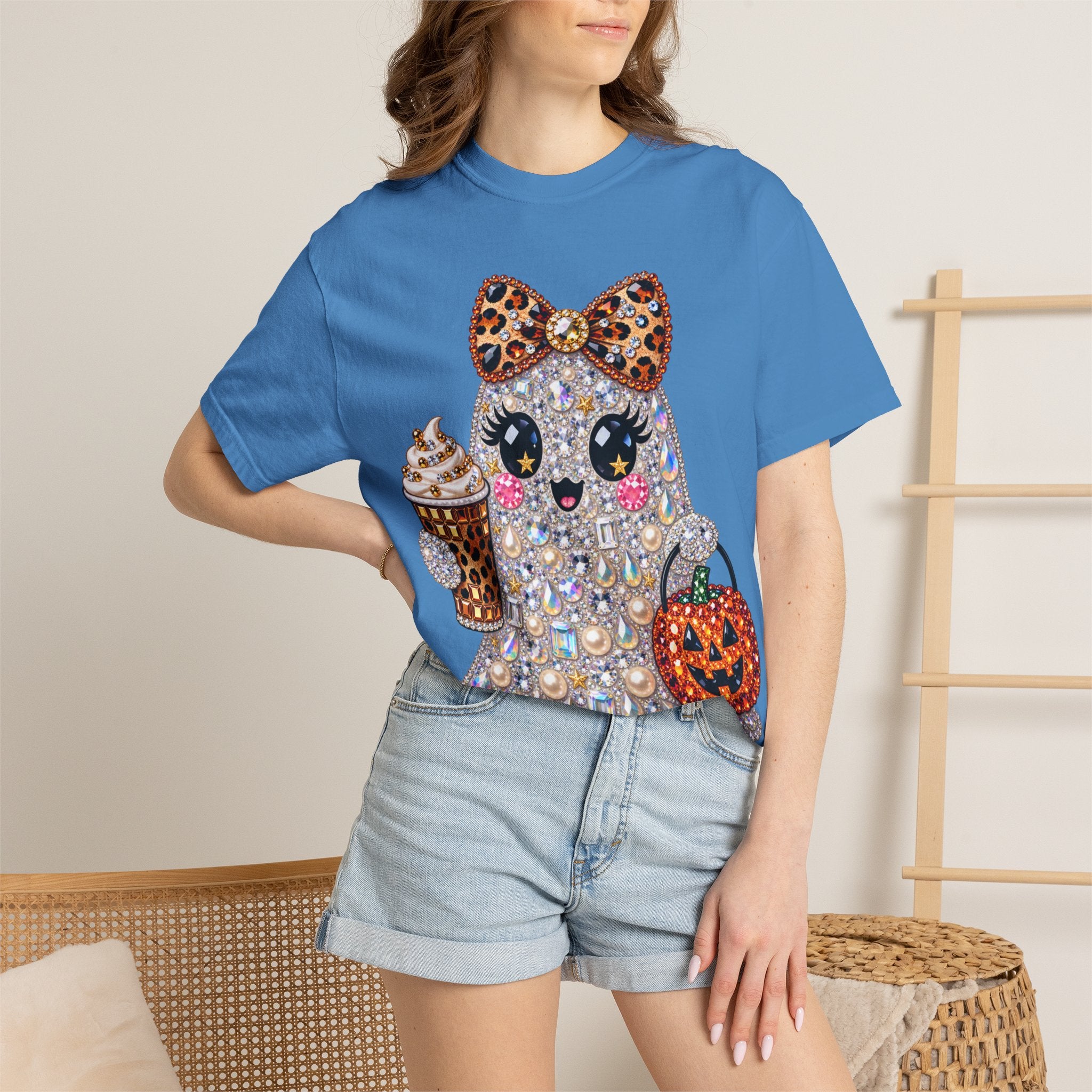 Halloween Sparkle Ghost T-Shirt — Cute Gemstone Ghost with Pumpkin & Coffee