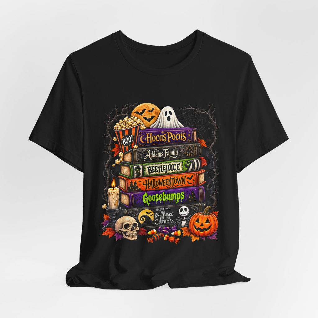 Halloween Horror Book Stack Tee — Hocus Pocus, Beetlejuice, Goosebumps Graphic T-Shirt