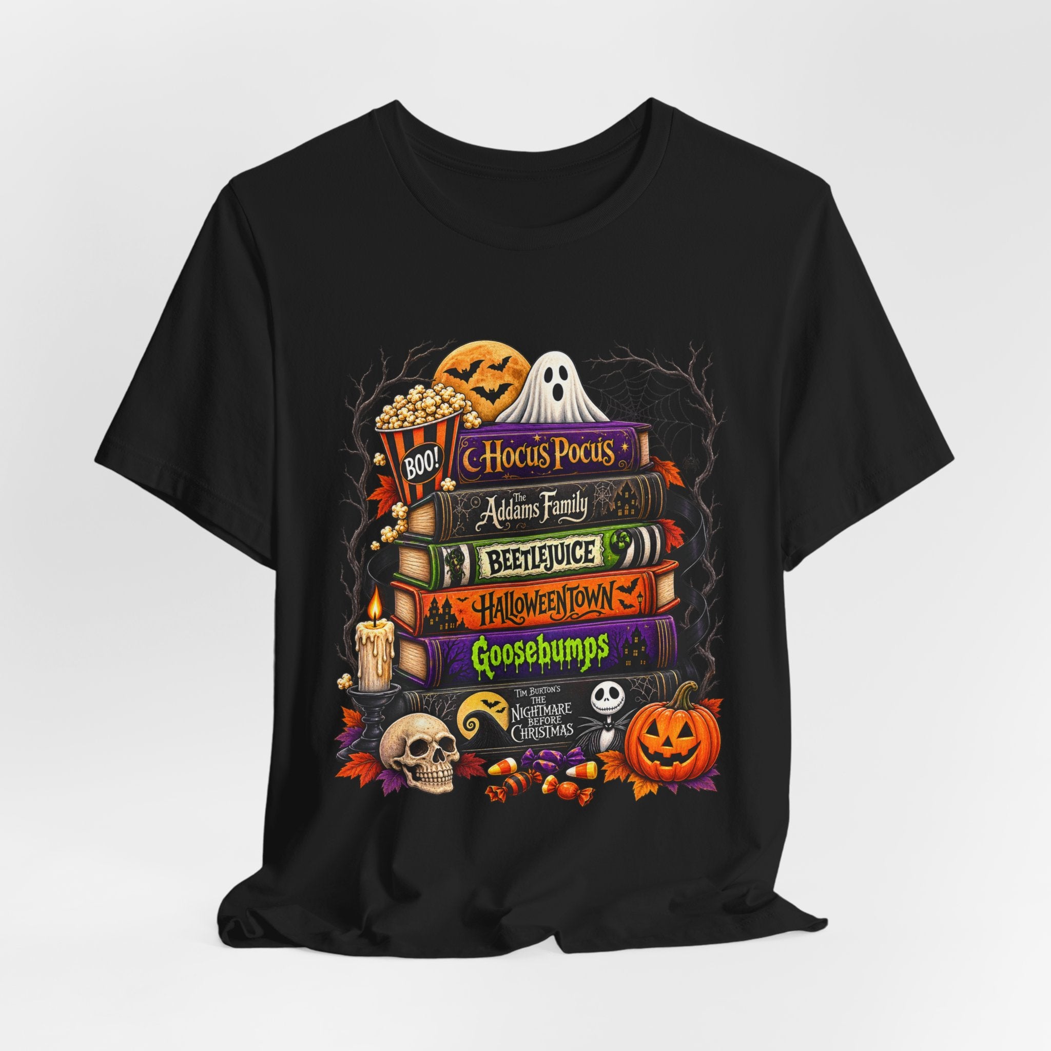 Halloween Horror Book Stack Tee — Hocus Pocus, Beetlejuice, Goosebumps Graphic T-Shirt